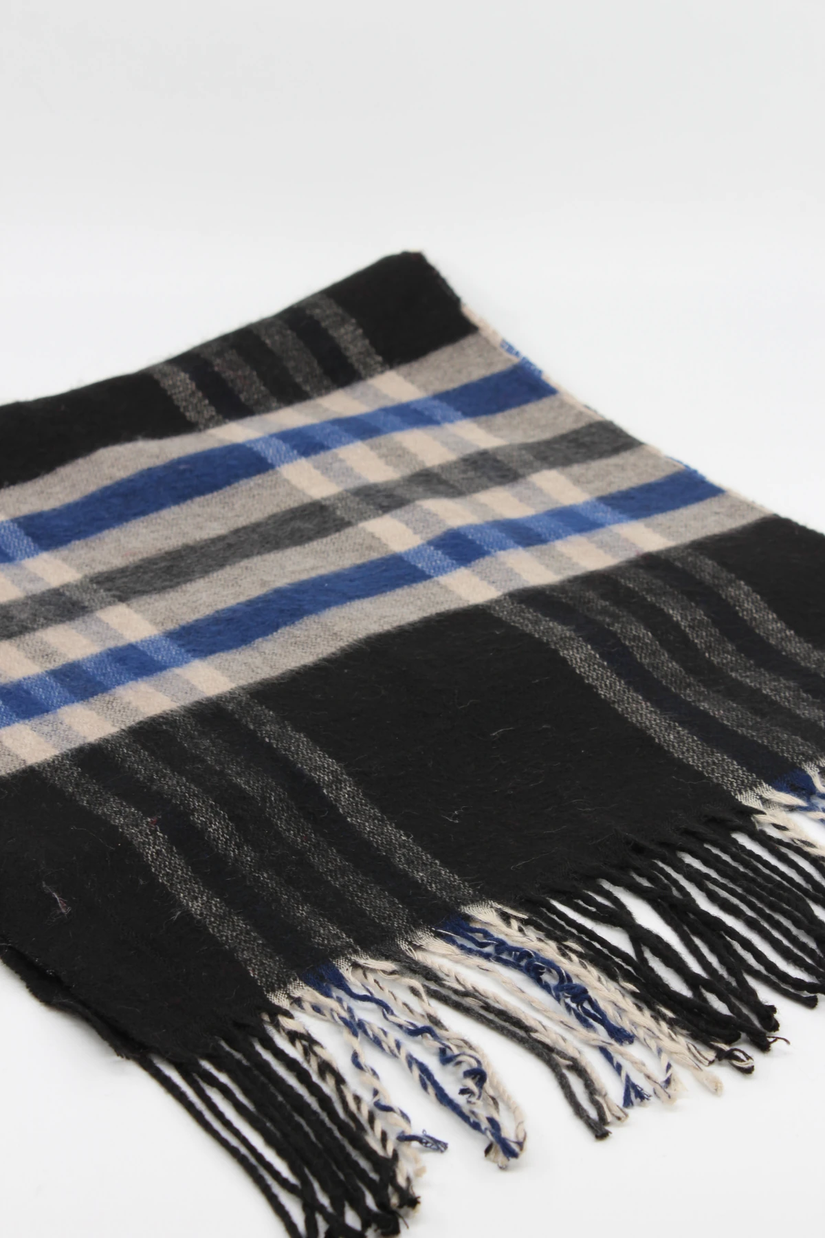 Klasik Desenli Püsküllü Kışlık Erkek Atkı Serisi - Siyah & Saks Mavi Ekose