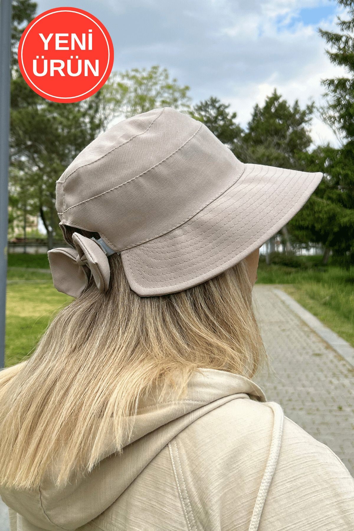 Fiyonk Detaylı Keten Bucket Kadın Şapka - TAŞ RENGİ
