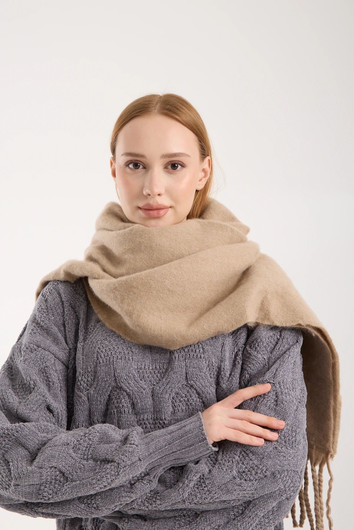 Kadın Yumuşak Dokulu Uzun Şal Atkı  - VİZON