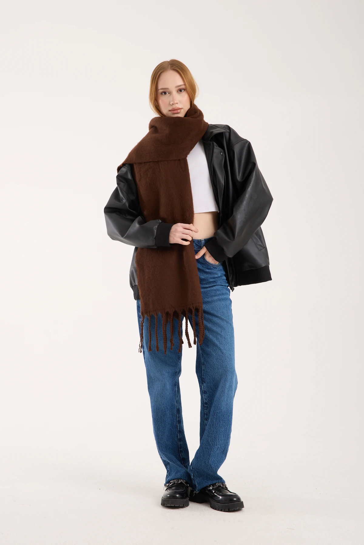 Kadın Yumuşak Dokulu Uzun Şal Atkı  - KAHVERENGİ