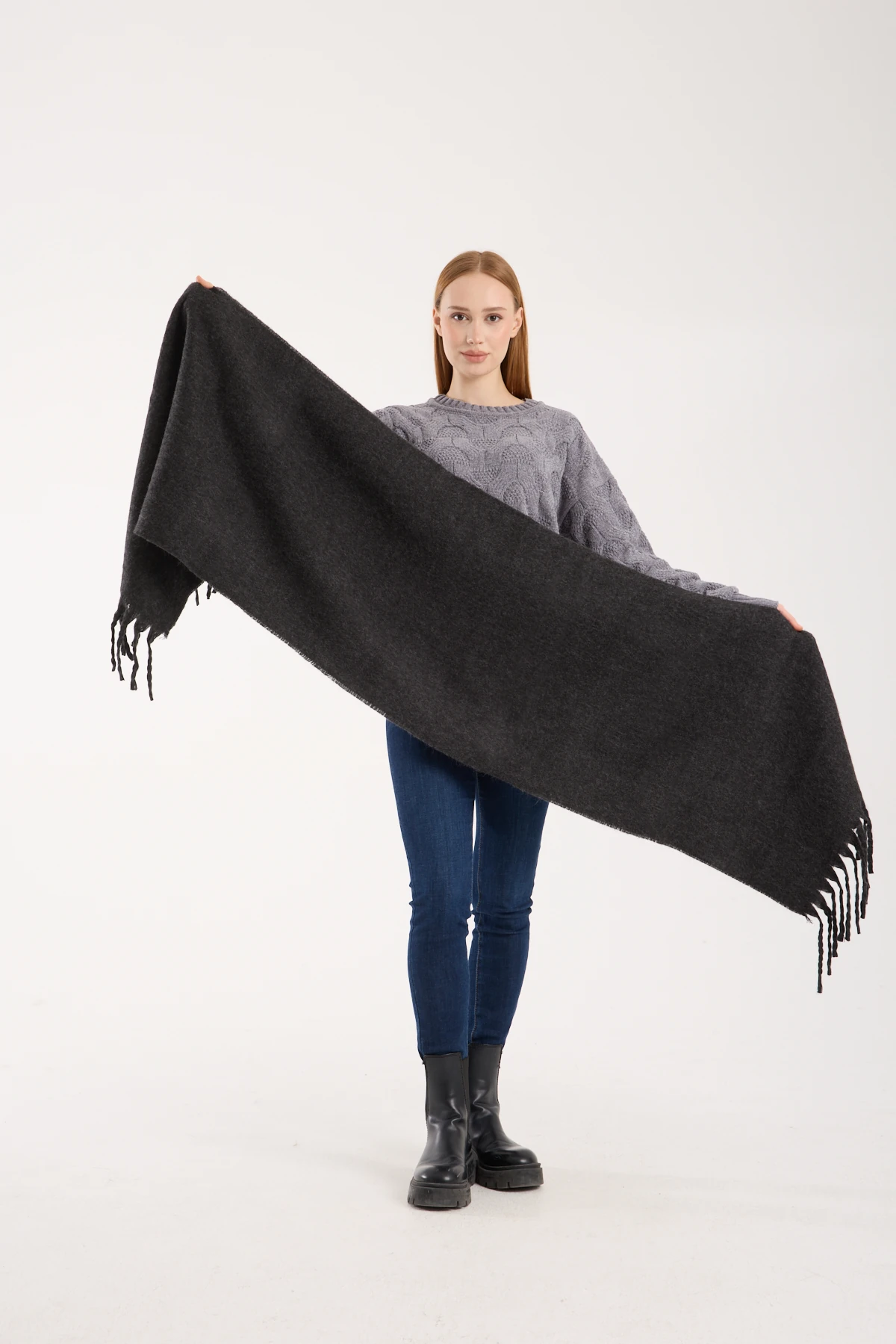 Kadın Yumuşak Dokulu Uzun Şal Atkı  - ANTRASİT