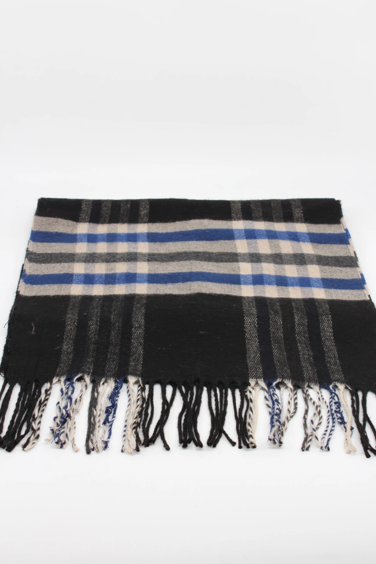 Klasik Desenli Püsküllü Kışlık Erkek Atkı Serisi - Siyah & Saks Mavi Ekose