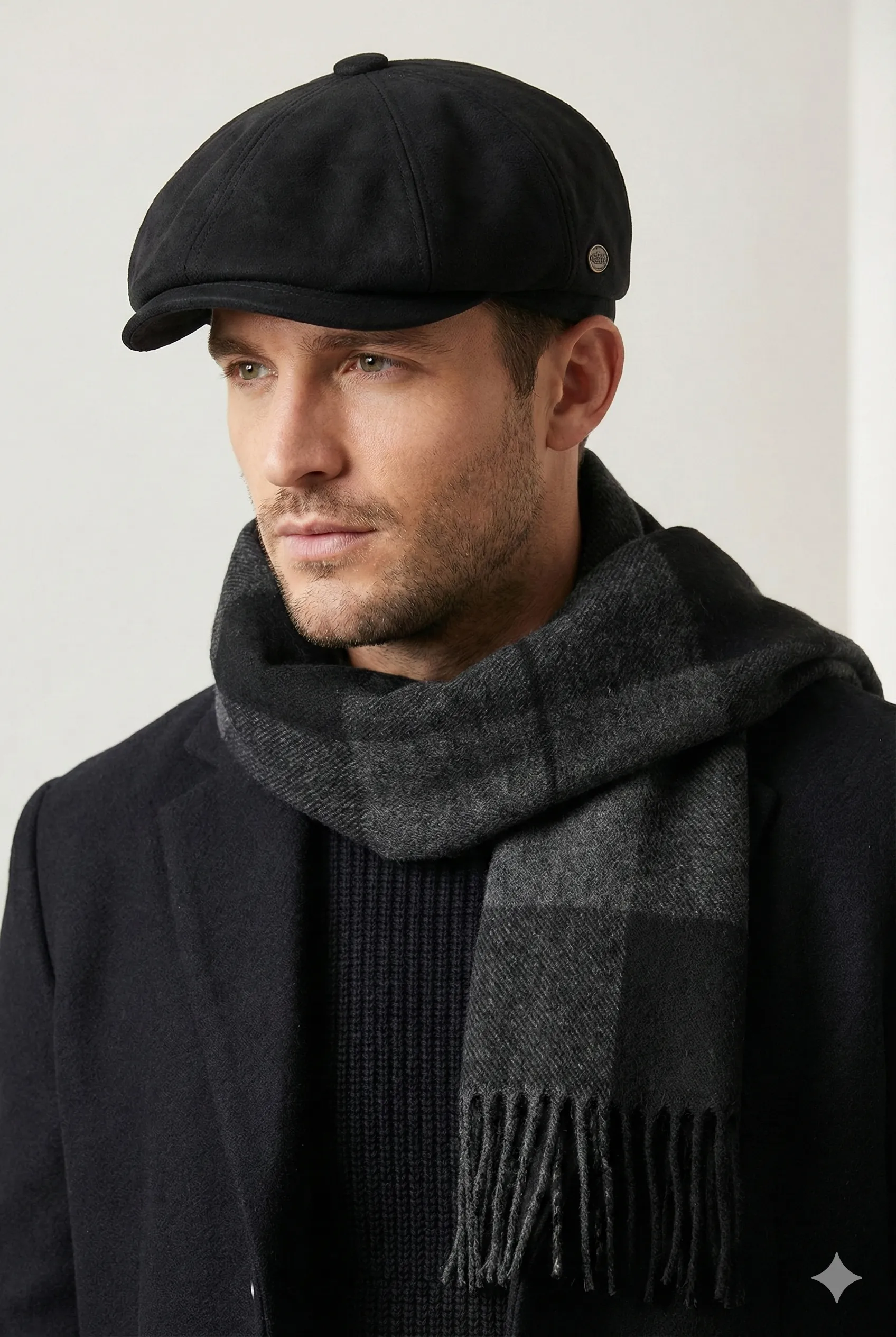 Siyah İngiliz Model Kasket & Antrasit Ekose Atkı Seti