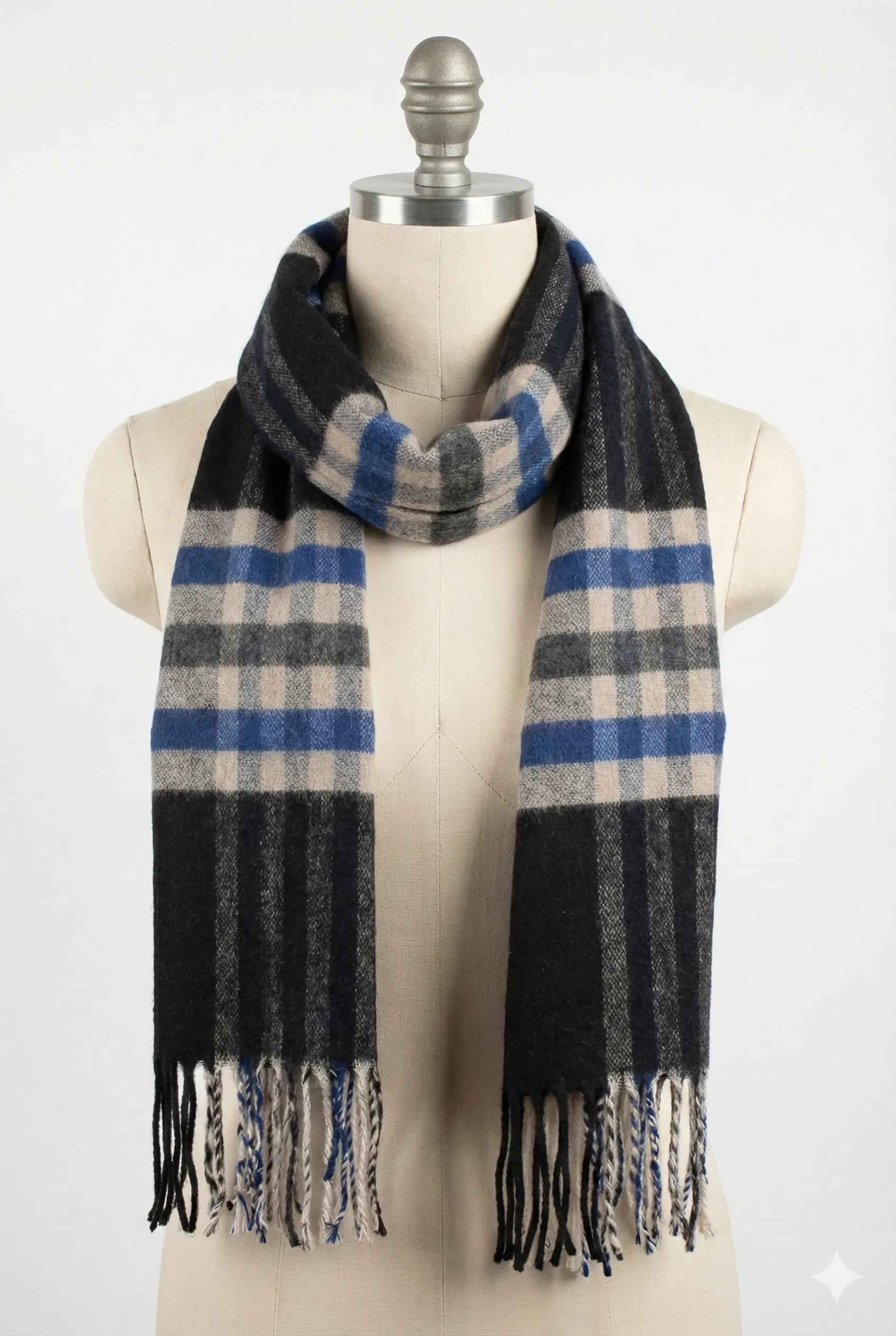 Klasik Desenli Püsküllü Kışlık Erkek Atkı Serisi - Siyah & Saks Mavi Ekose