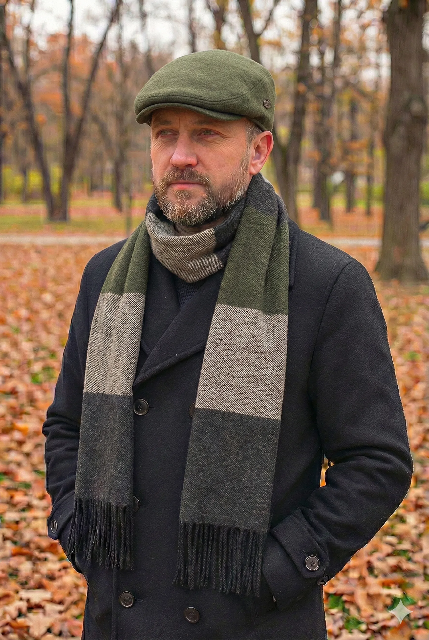 London Model Erkek Kasket & Çizgili Atkı Seti