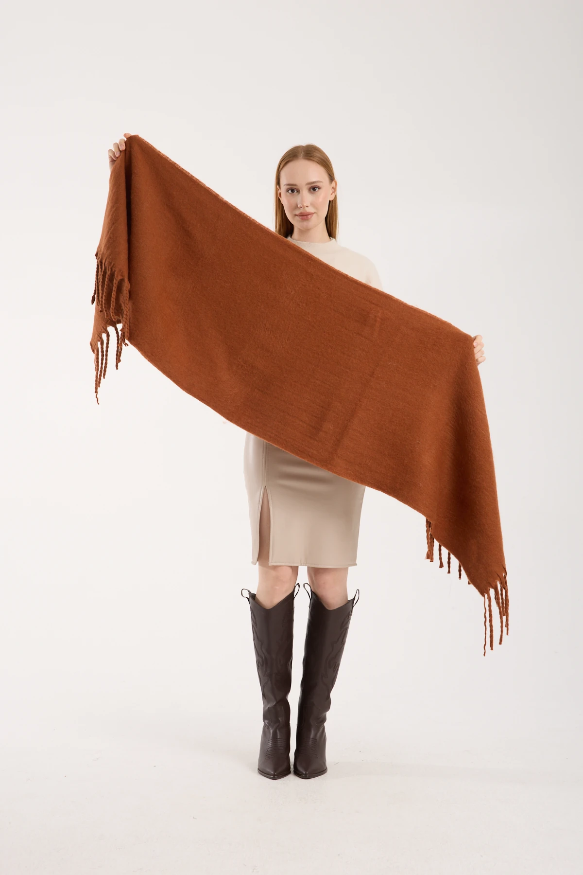 Kadın Yumuşak Dokulu Uzun Şal Atkı  - KİREMİT
