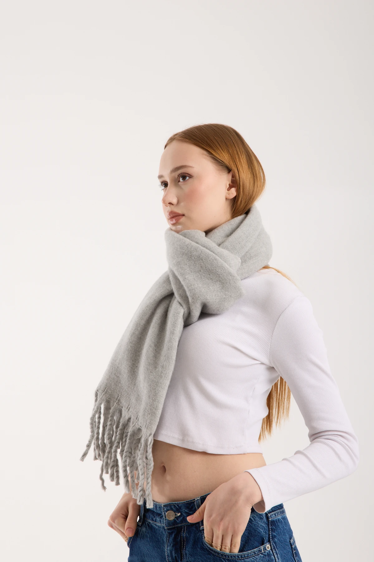 Kadın Yumuşak Dokulu Uzun Şal Atkı  - GRİ