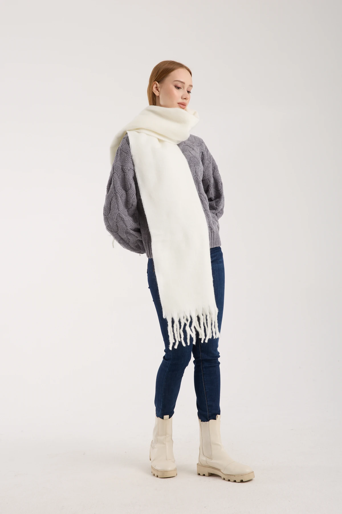 Kadın Yumuşak Dokulu Uzun Şal Atkı  - EKRU