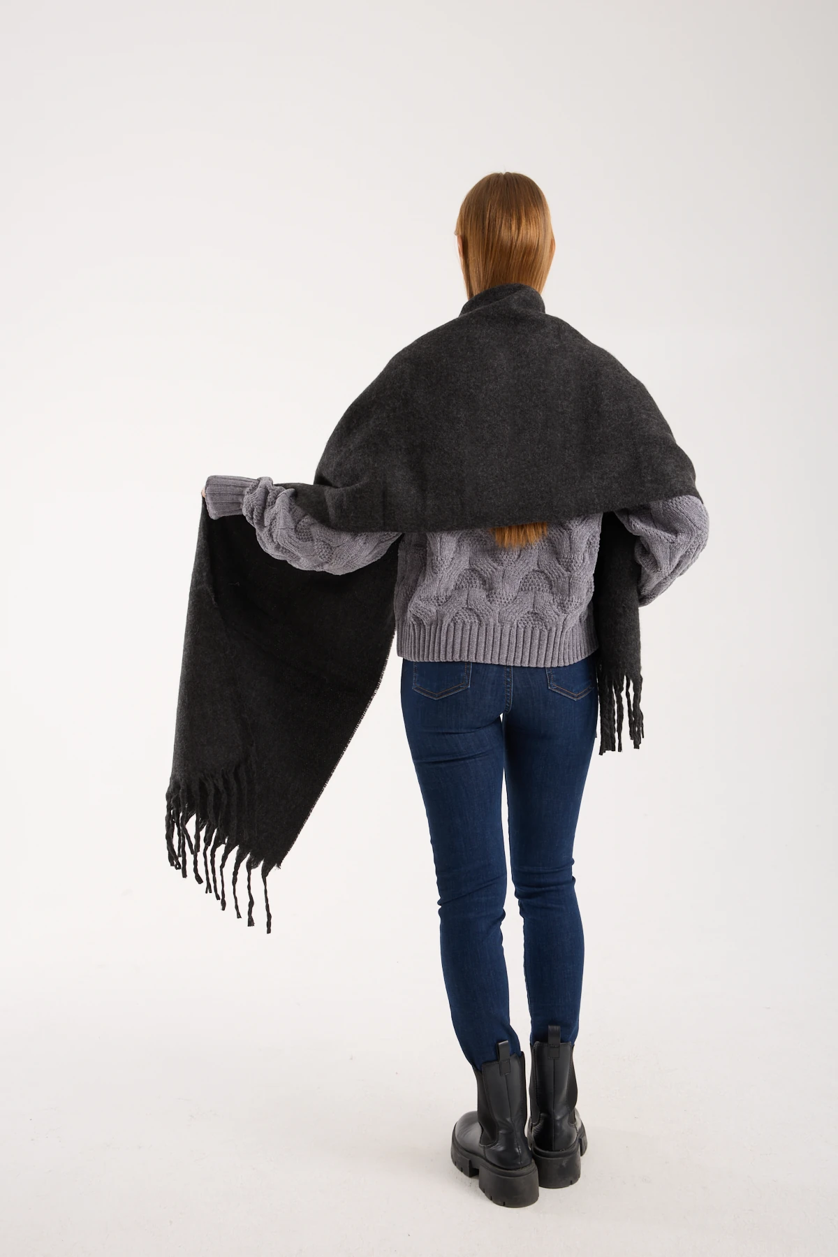 Kadın Yumuşak Dokulu Uzun Şal Atkı  - ANTRASİT