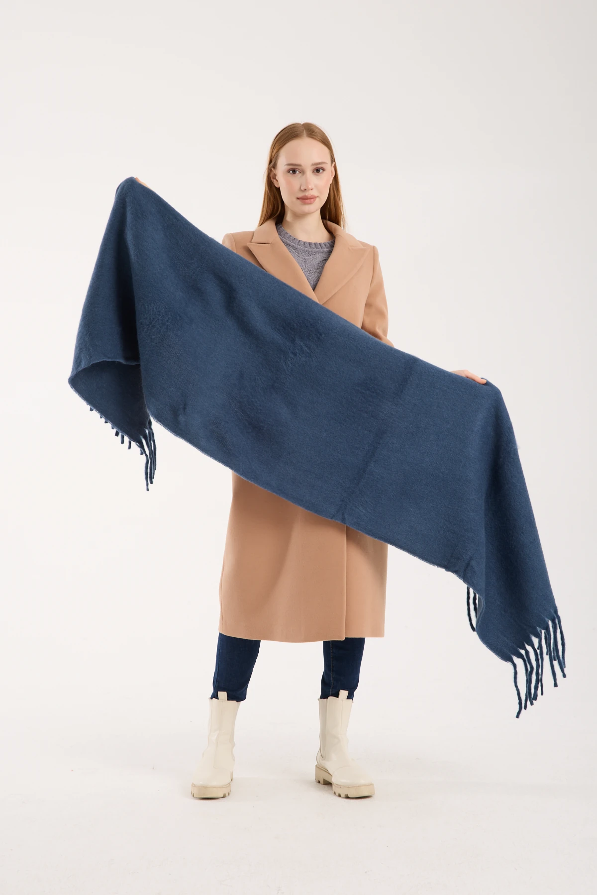 Kadın Yumuşak Dokulu Uzun Şal Atkı  - MAVİ