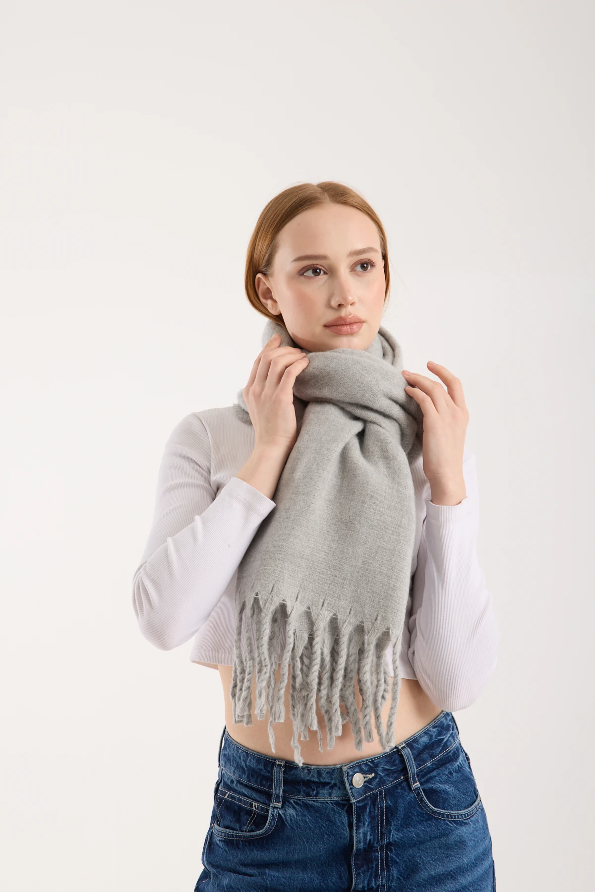 Kadın Yumuşak Dokulu Uzun Şal Atkı  - GRİ