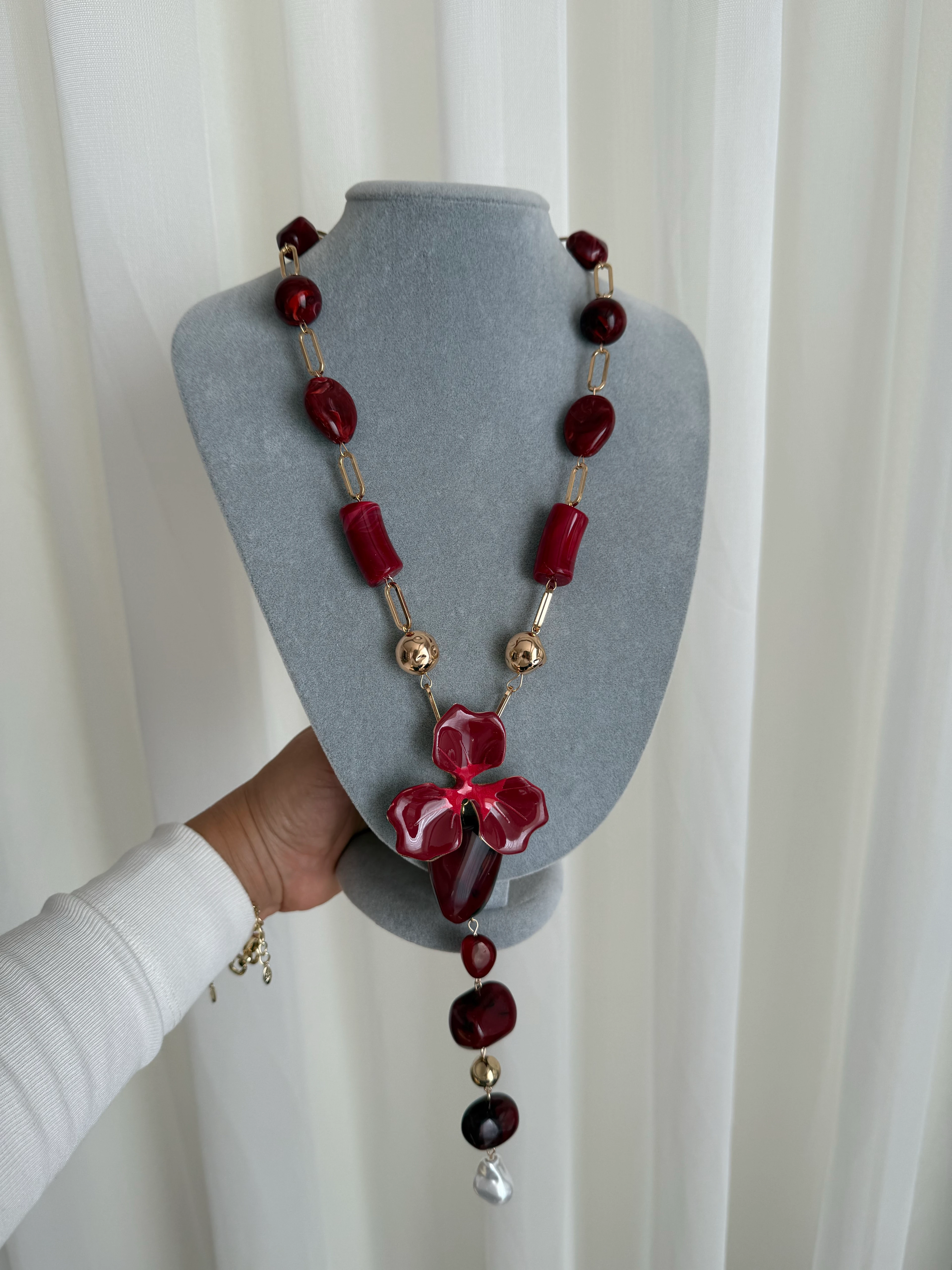 Özel Seri Bordo Çiçek Kolye Kombini 