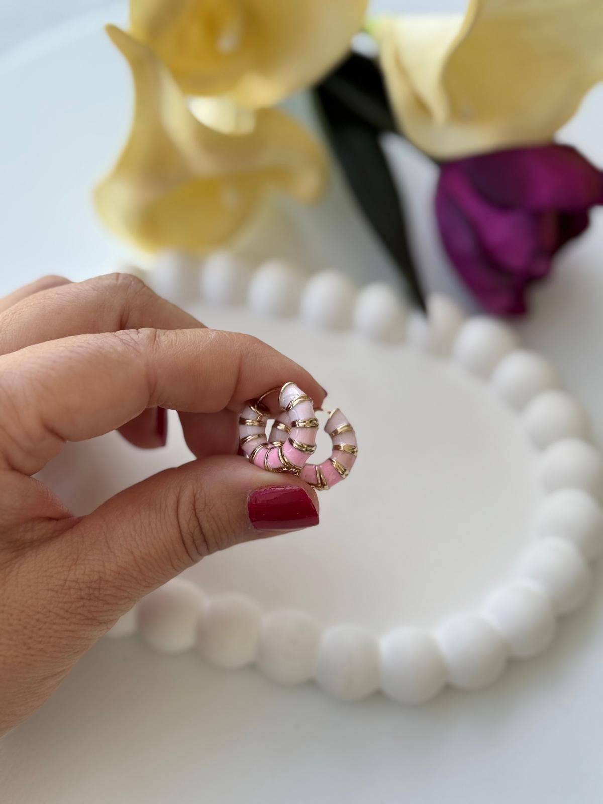 Özel Seri Minimal İki Renkli Halka Küpe-Pembe-Açık Pembe