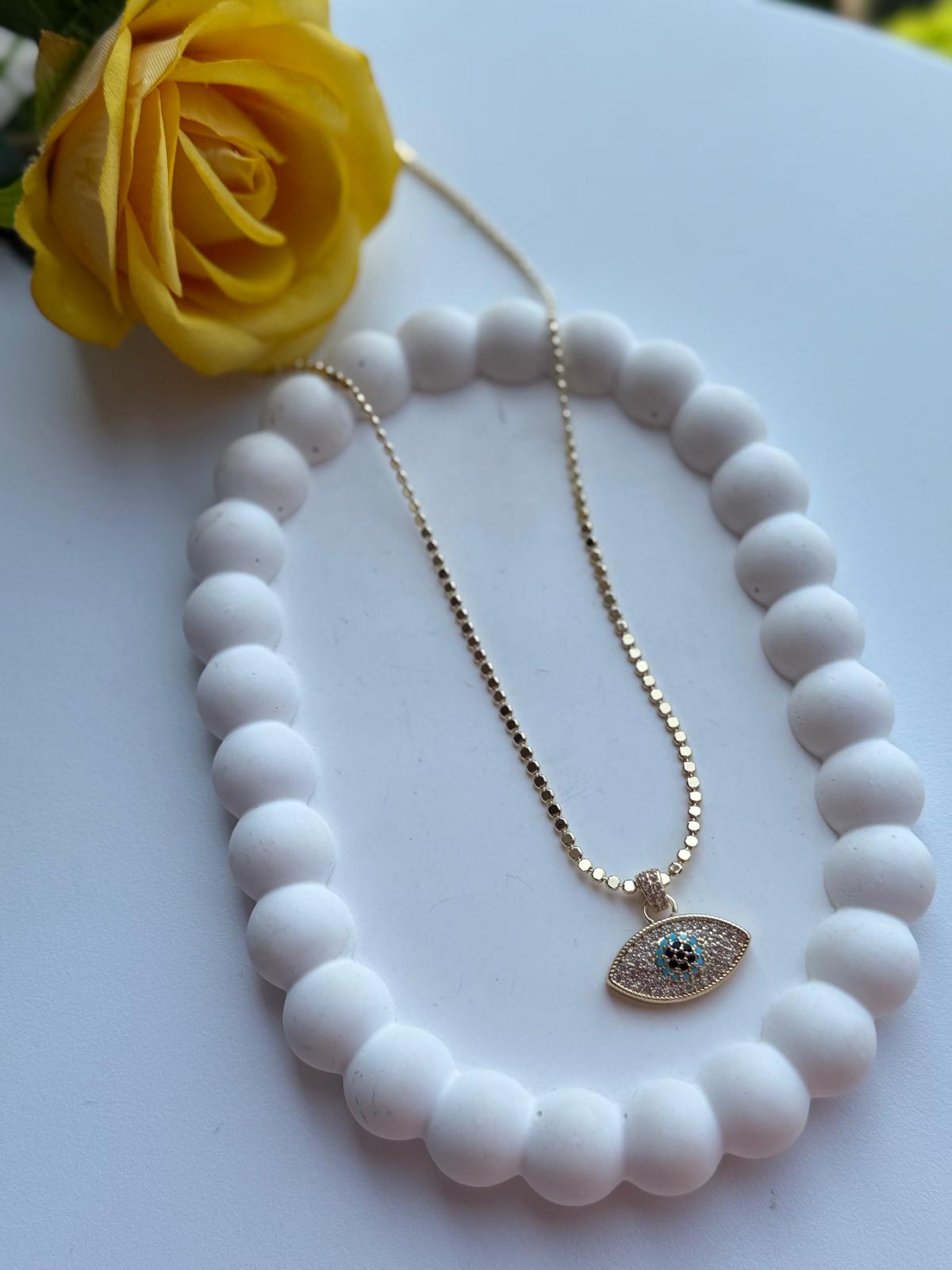 Çelik 14K Ezme Pul Zincirli Nazarlı Göz Kolye(45cm)