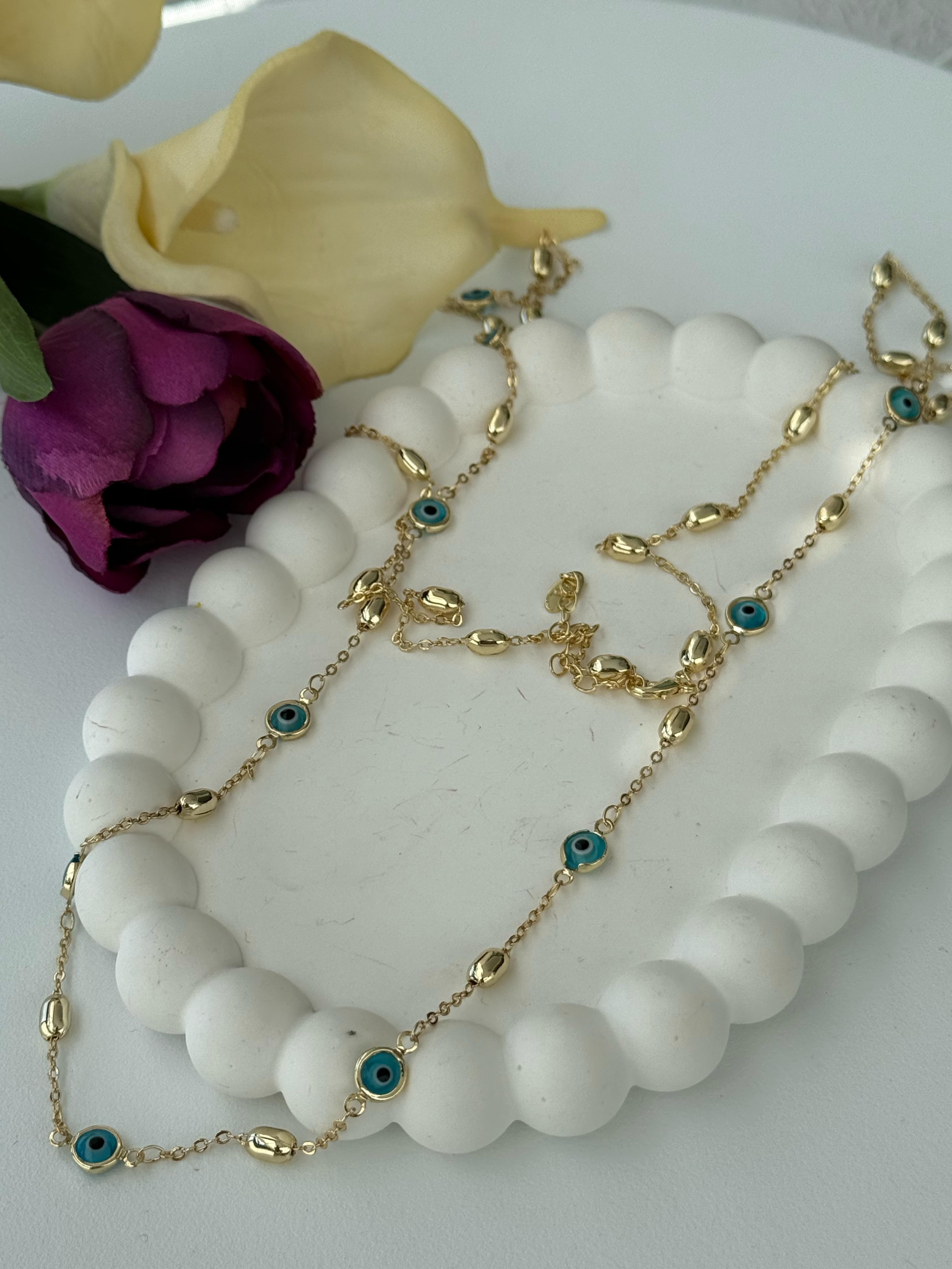 Vip 14 k Uzun Nazarlı Topçuk Zincirli Kolye