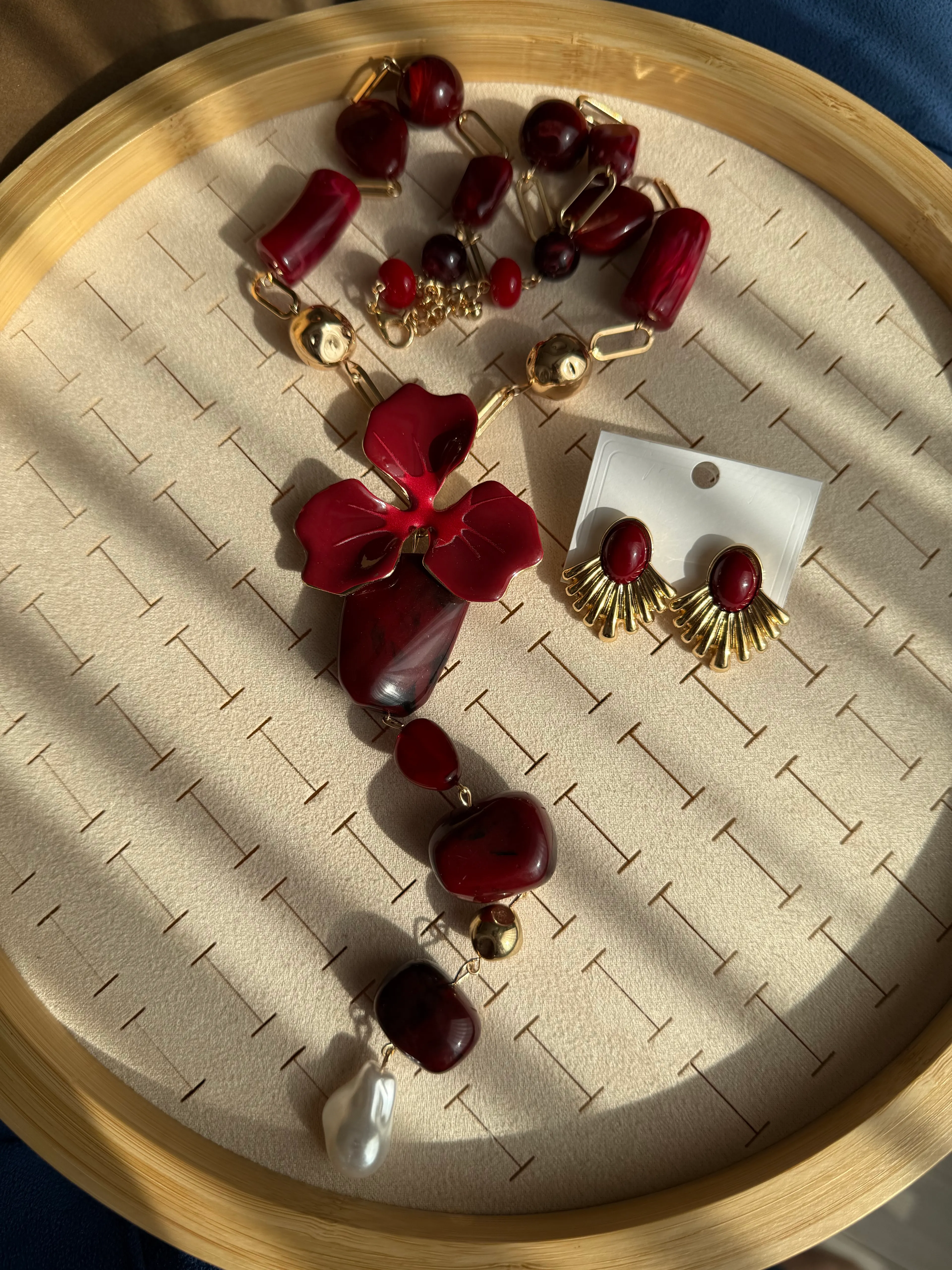 Özel Seri Bordo Çiçek Kolye Kombini 