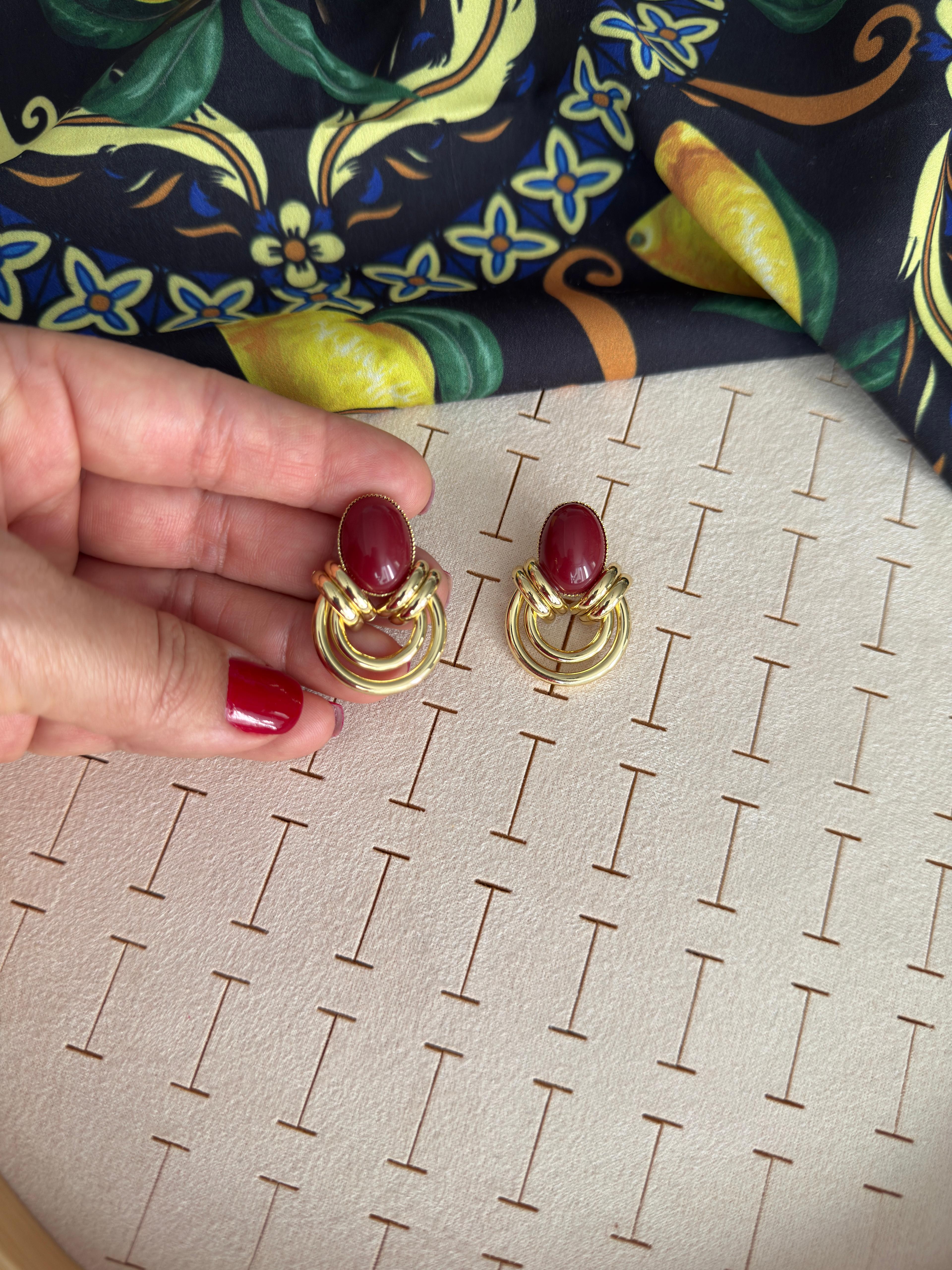 Özel Seri Gold Halkalı Bordo Vintage Küpe