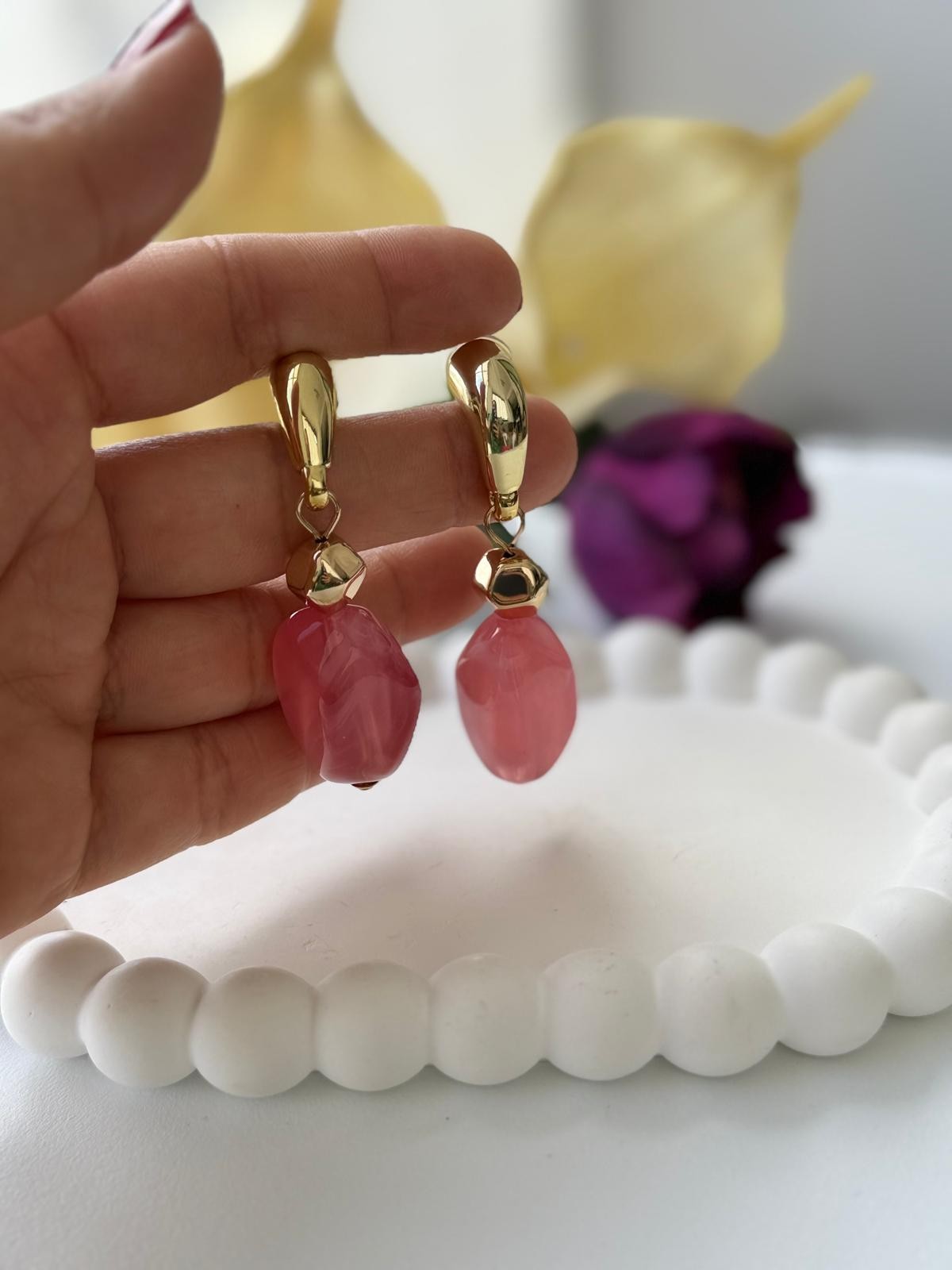 Özel Seri Sallantılı  Pembe Taşlı Küpe