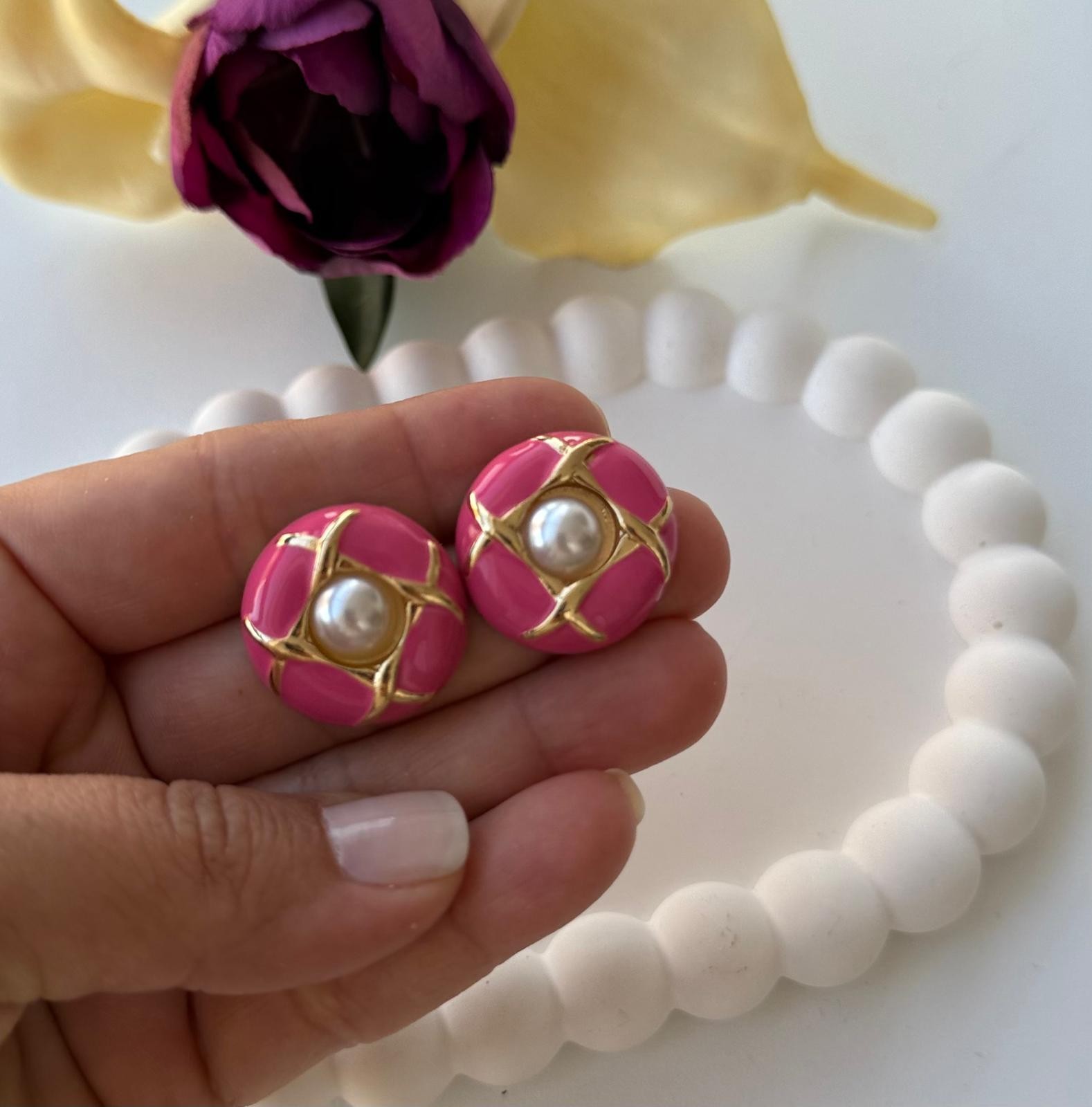 Özel Seri İncili Pembe Düğme Küpe