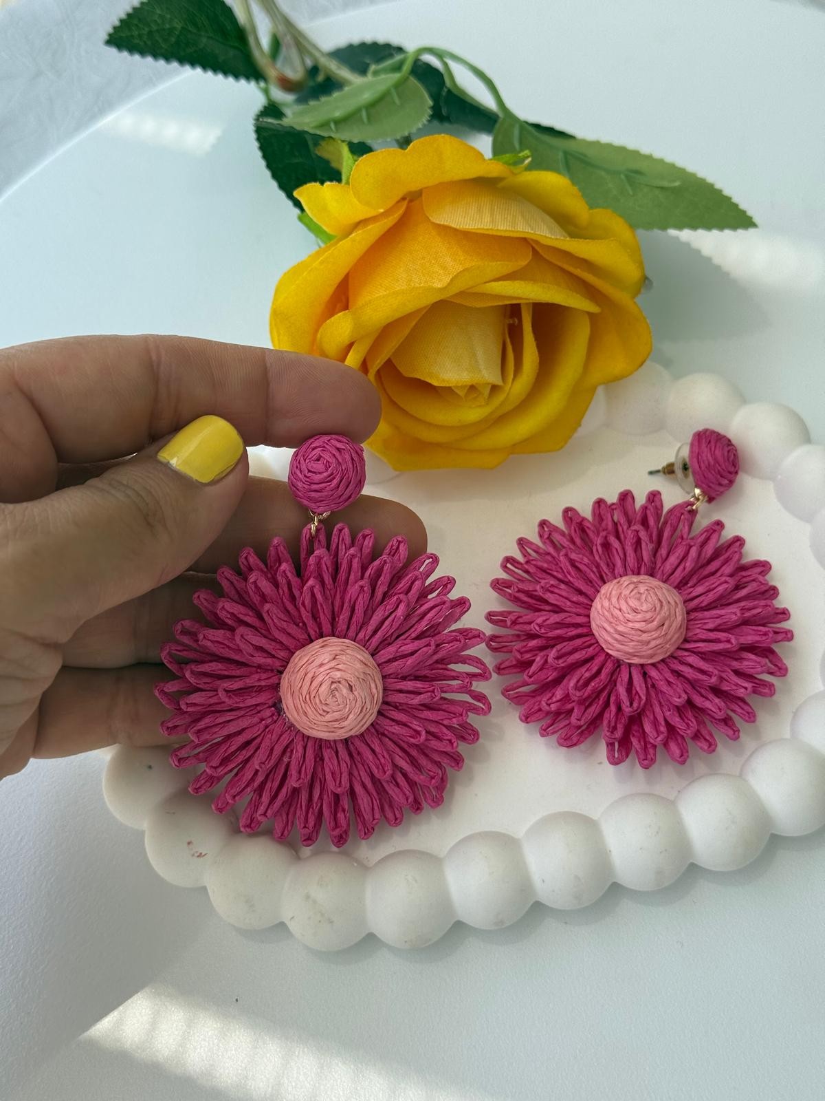 Özel Seri Hasır Fuşya Pembe Küpe
