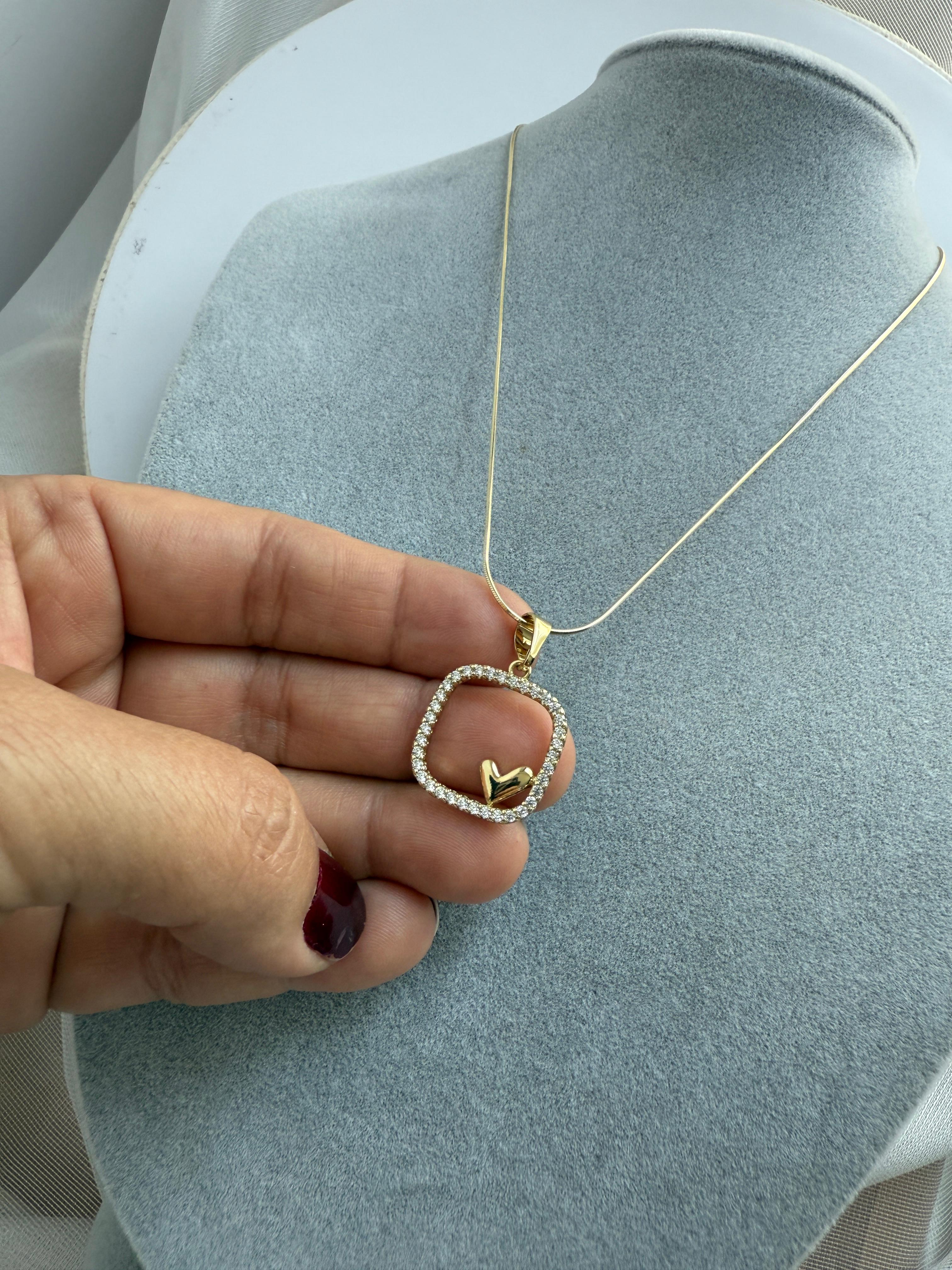 Vip 14K Kare Zirkon Taşlı Kalp Figürlü Kolye 