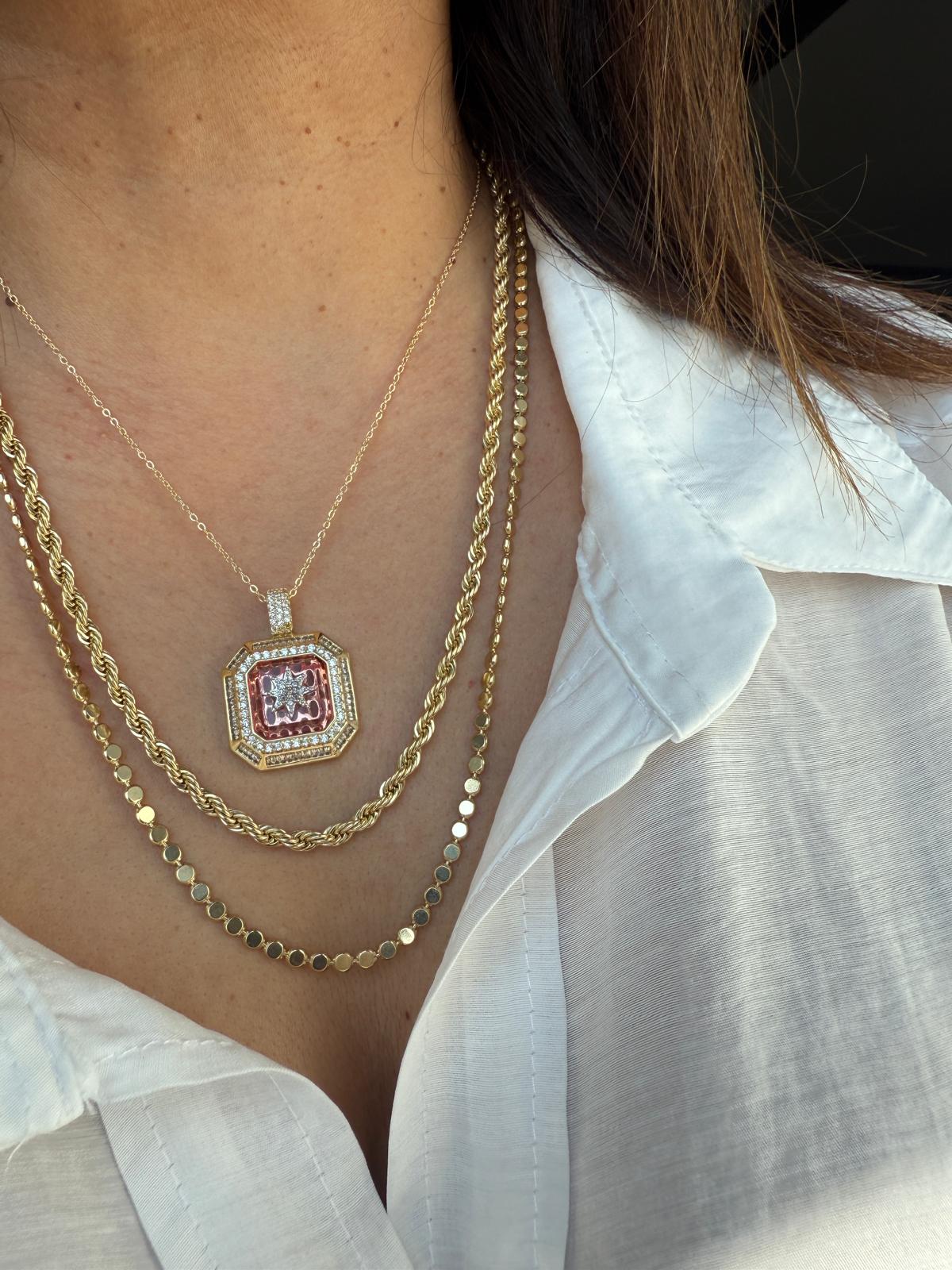 Vip14k Pembe Zümrüt Taşlı Kolye Kombini