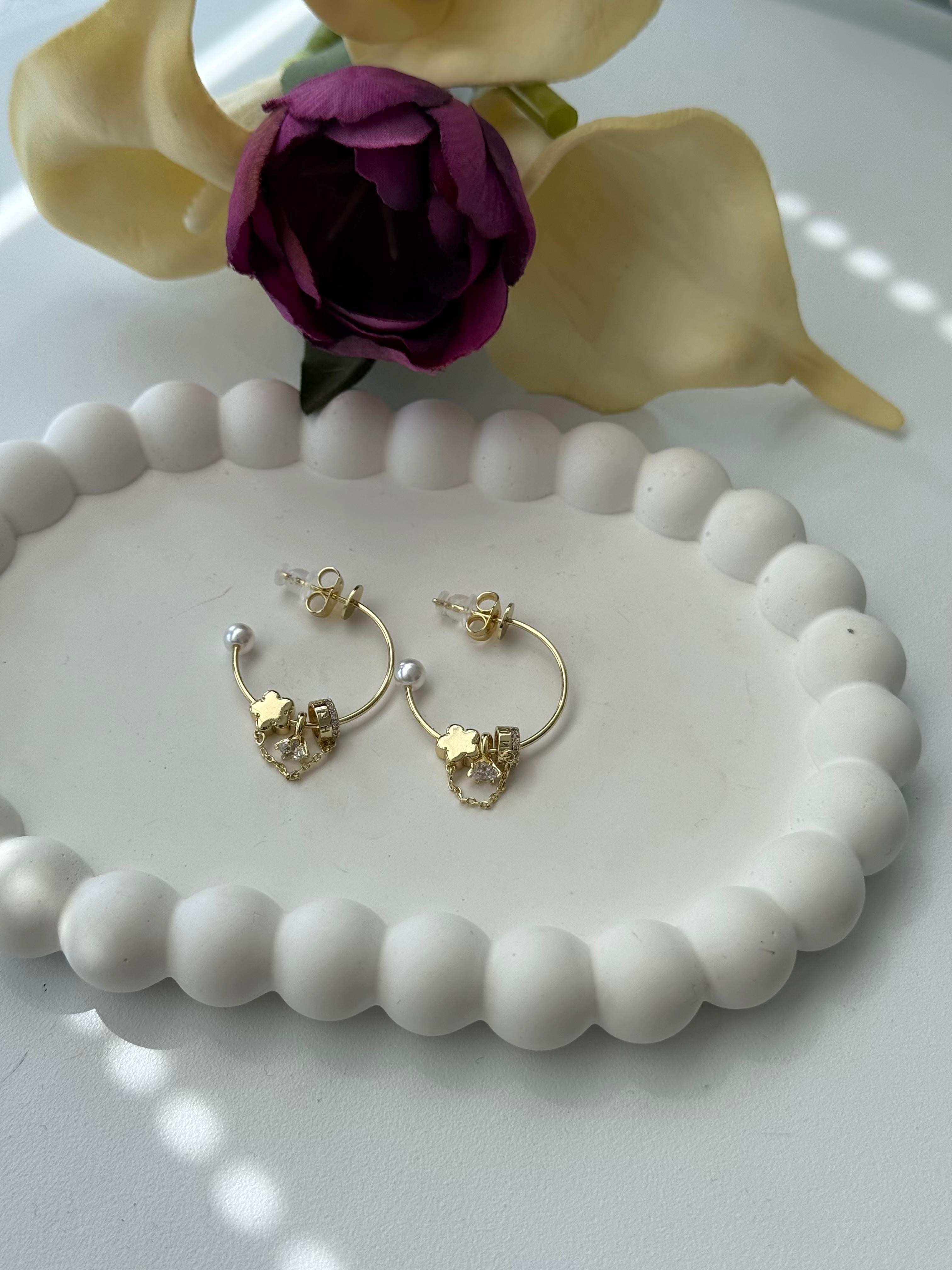 Vip 14k Zincir Charmlı İncili Küpe