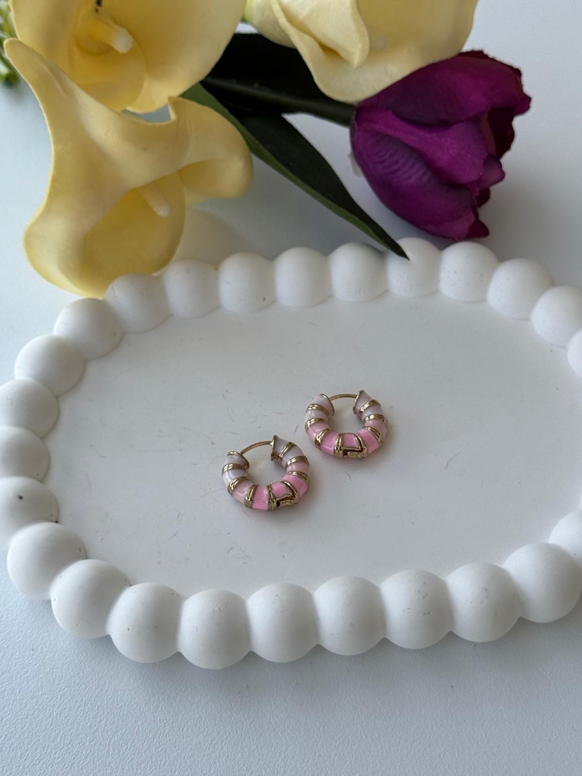 Özel Seri Minimal İki Renkli Halka Küpe-Pembe-Açık Pembe