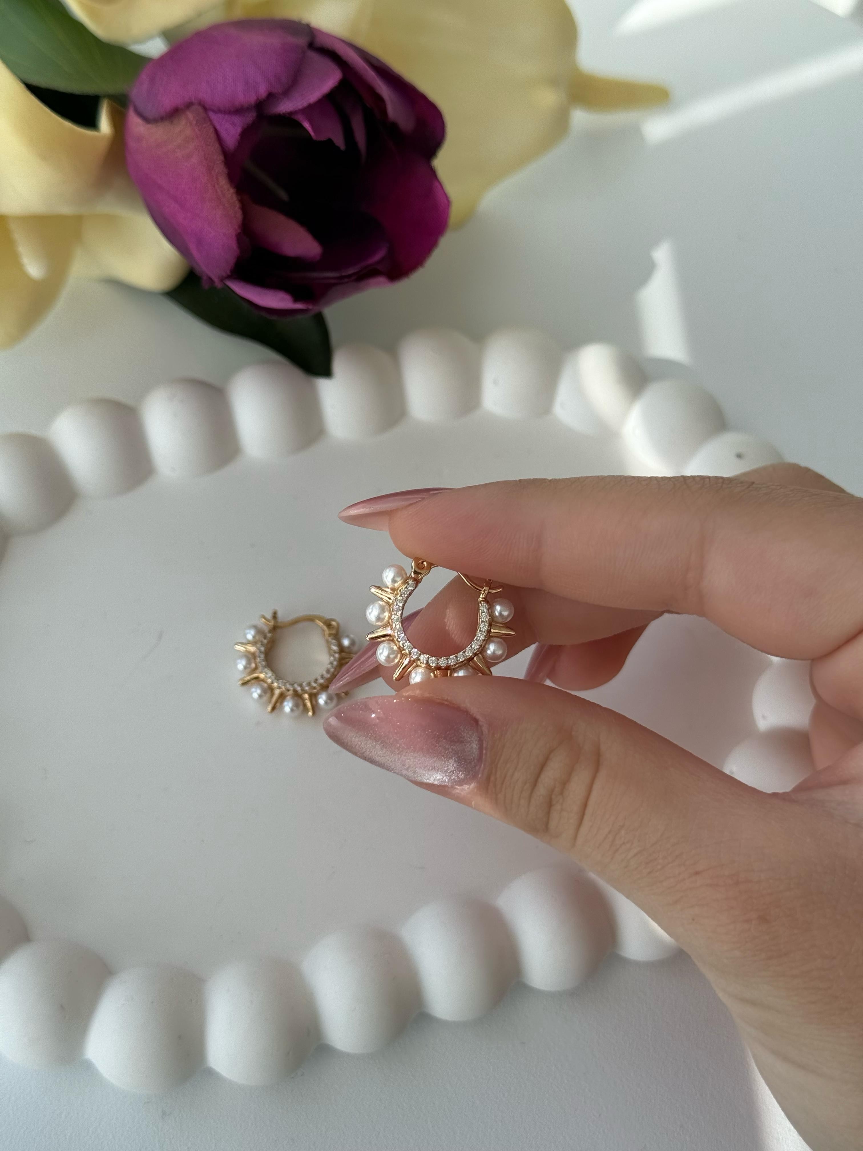 Vip 18K Minimal İncili Halka Küpe
