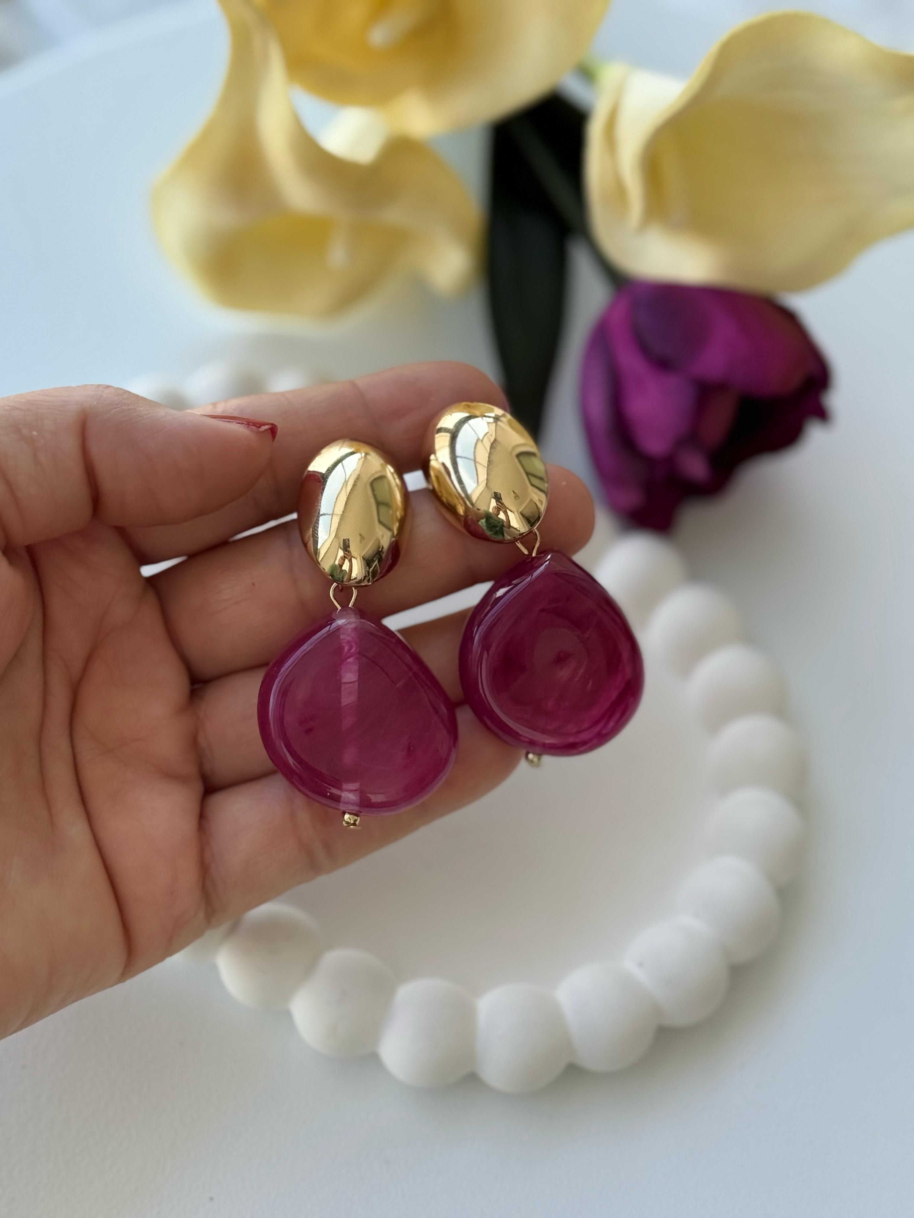 Özel Seri Yuvarlak Bordo Taşlı Reçine Küpe