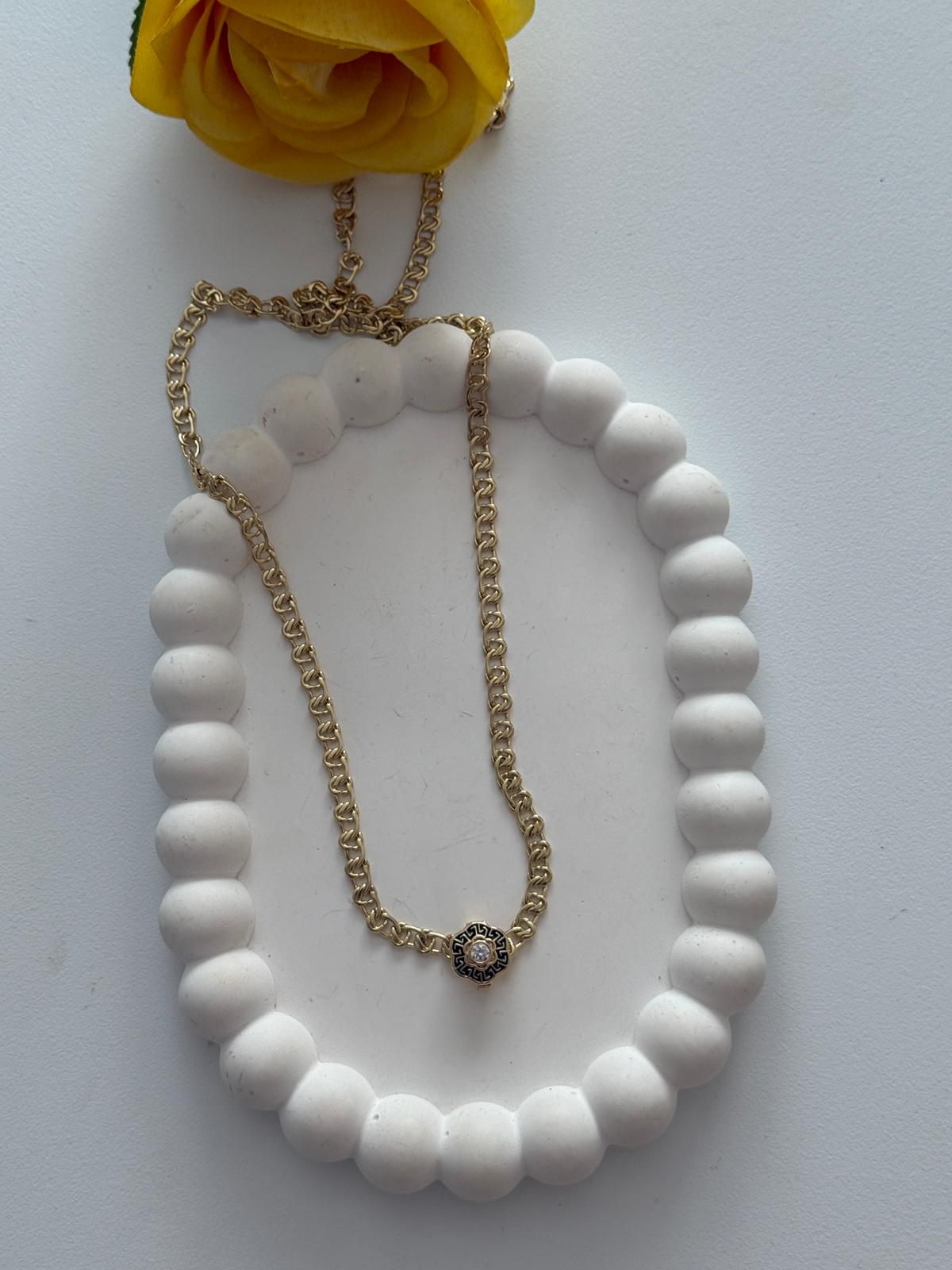 Vip 14k Küba Zincirli Siyah Çiçek Figür Charmlı Kolye (58cm)