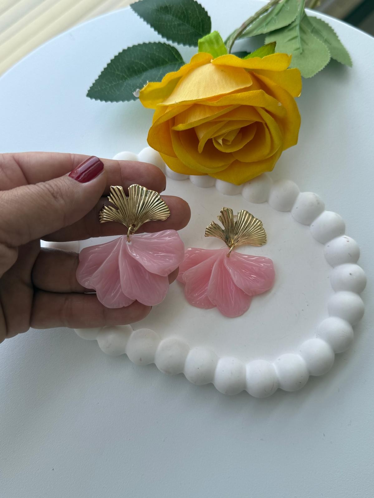 Özel Seri Pembe  Yelpazeli Yaprak Küpe