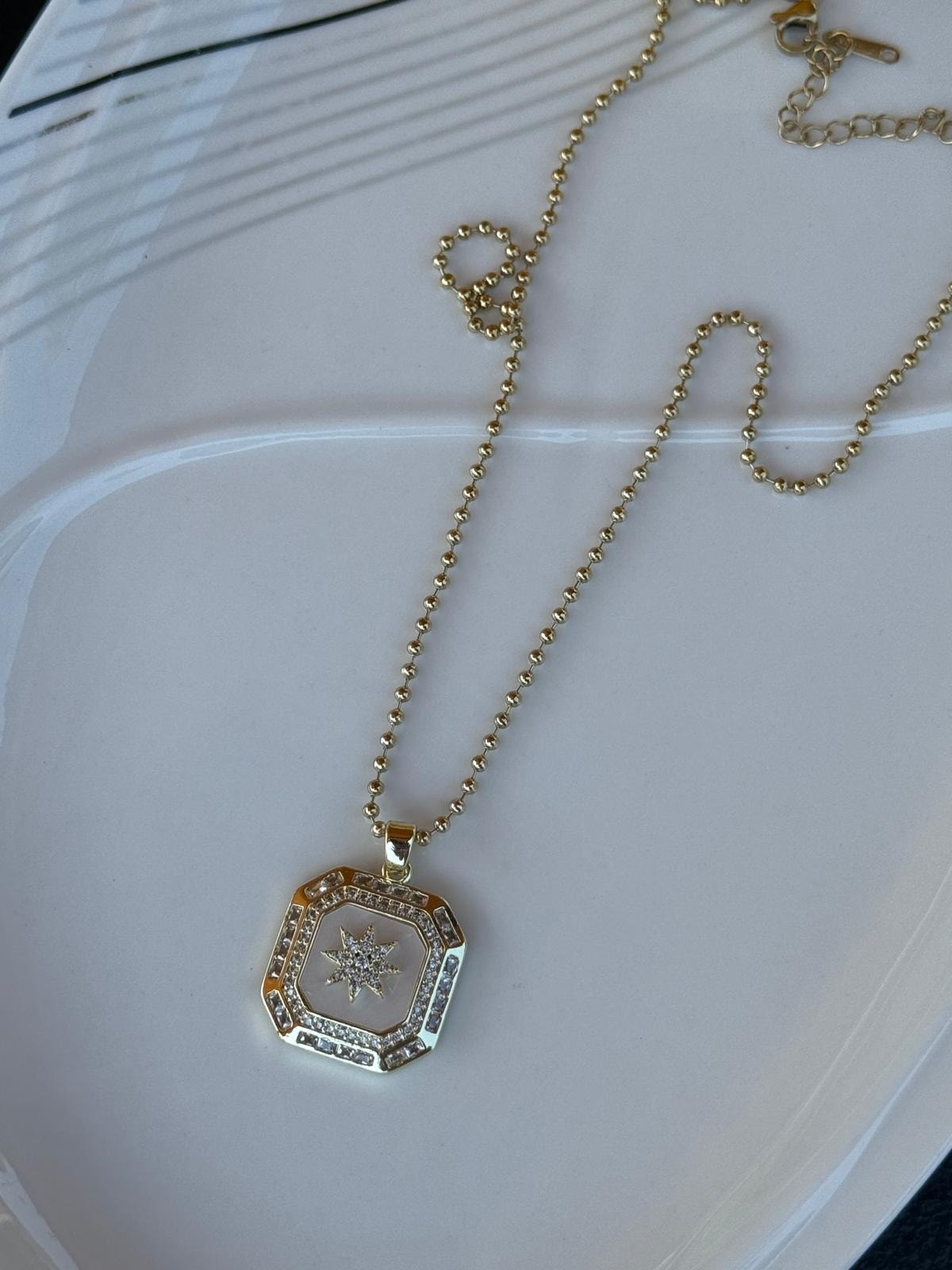 Çelik 14k Kare Sedefli Yıldız Detaylı Kolye (45cm)