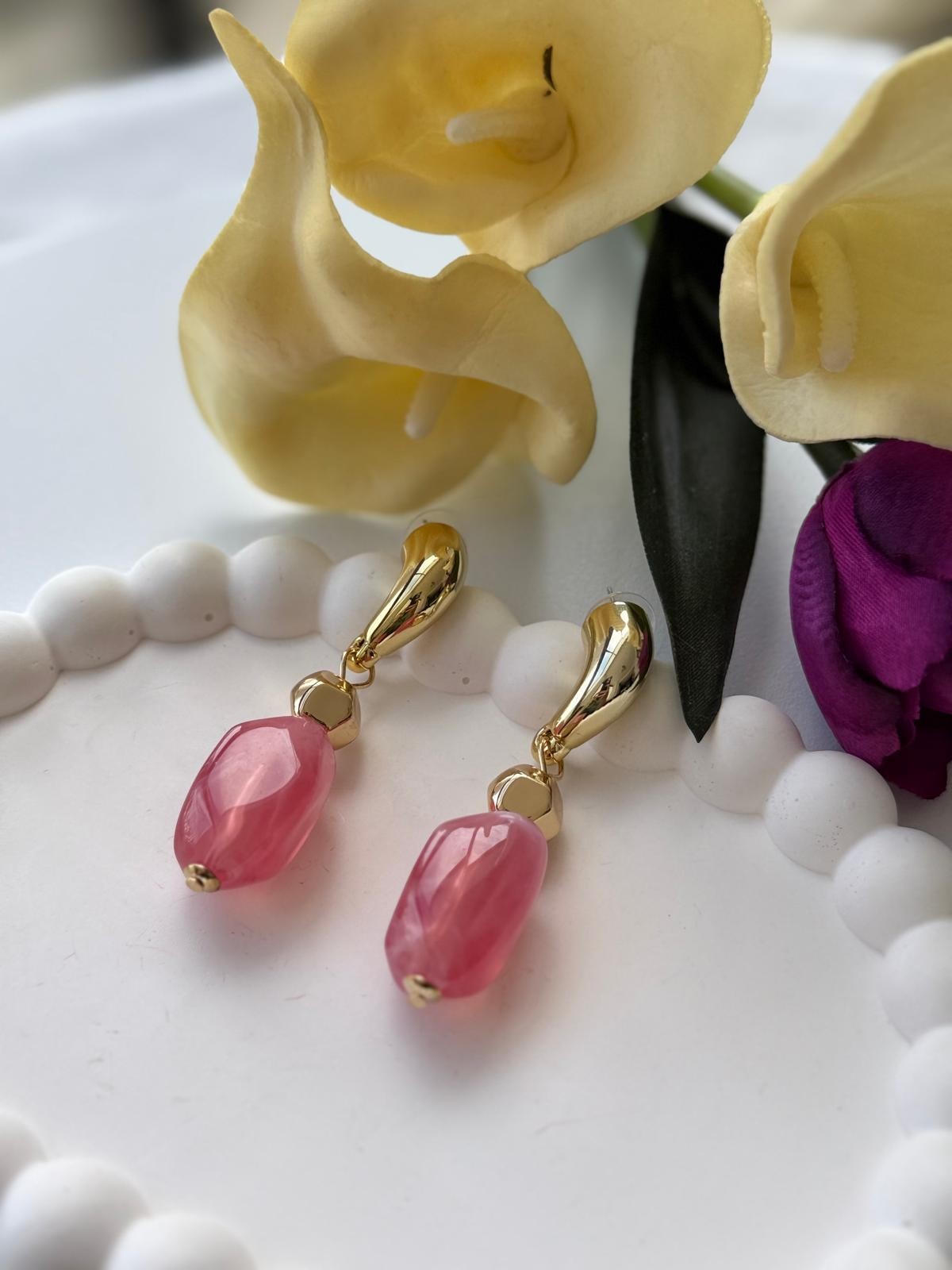 Özel Seri Sallantılı  Pembe Taşlı Küpe