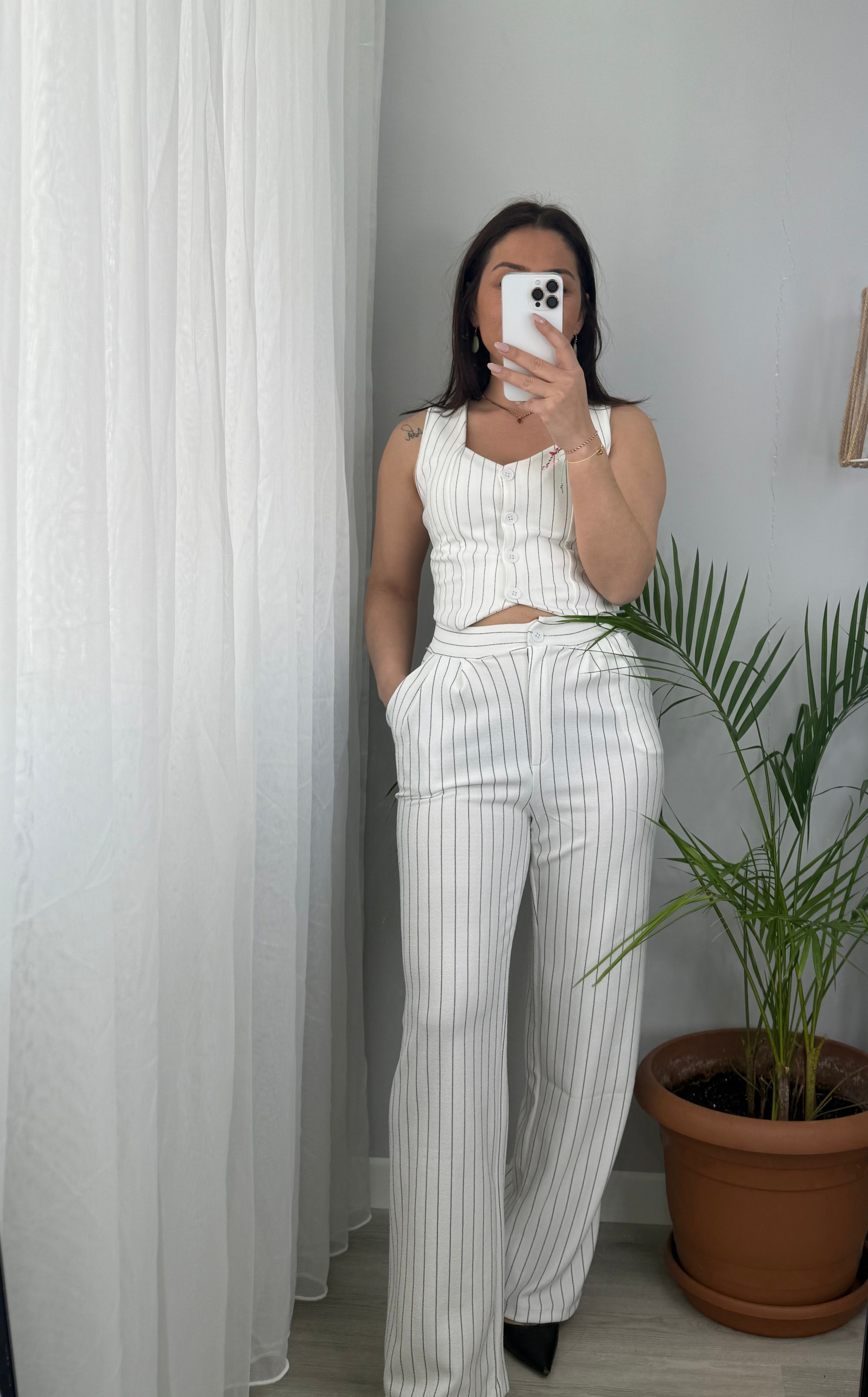 Palazzo Model Pantalon Yelek Takım  - Beyaz