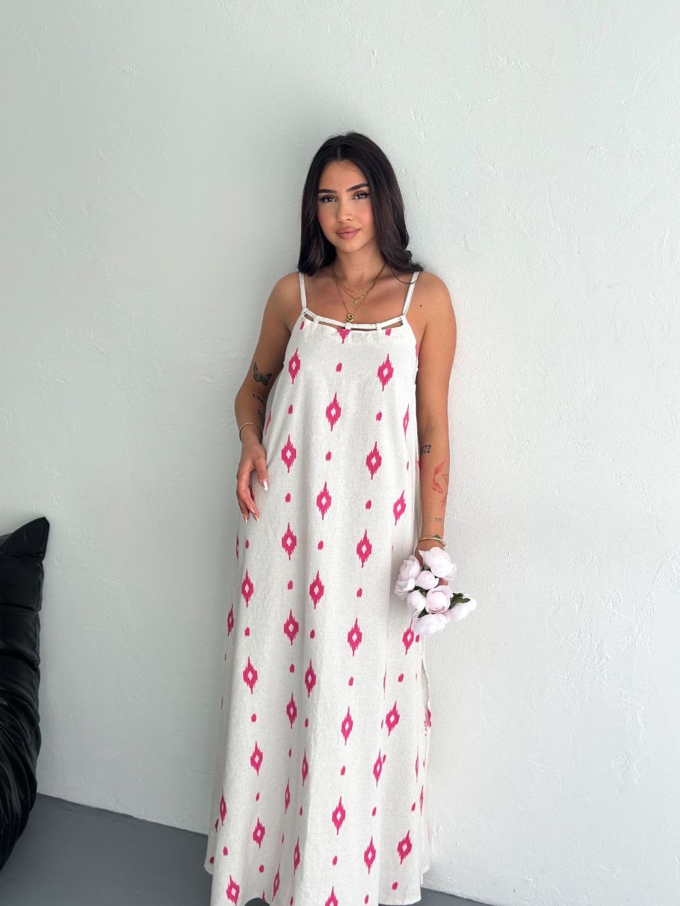 Askılı Keten Elbise  - pembe
