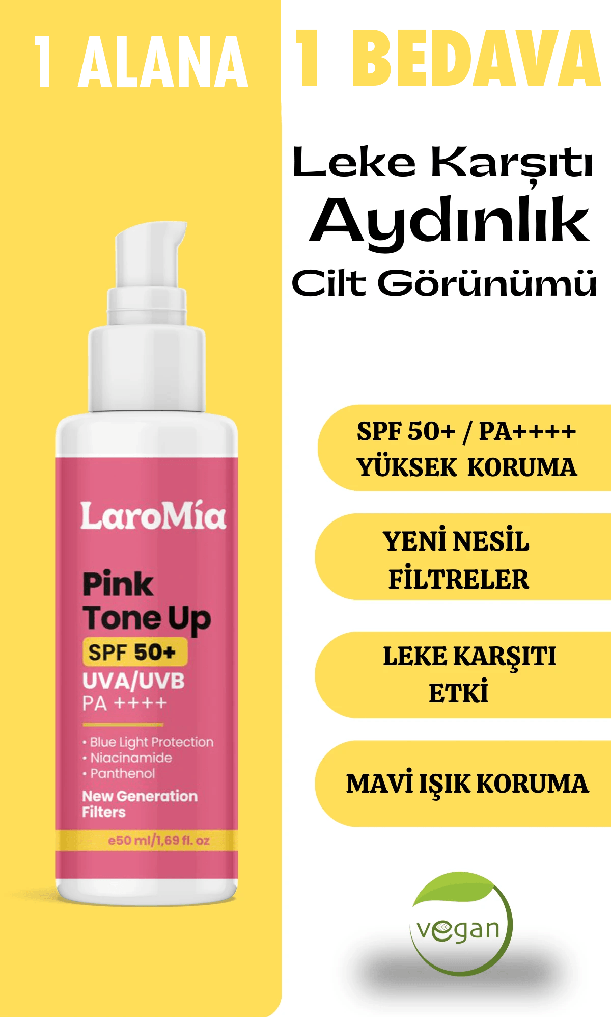 1 ALANA 1 BEDAVA ❤️  Pembe Güneş Koruyucu Krem Spf50+ Pa++++ 50 Ml