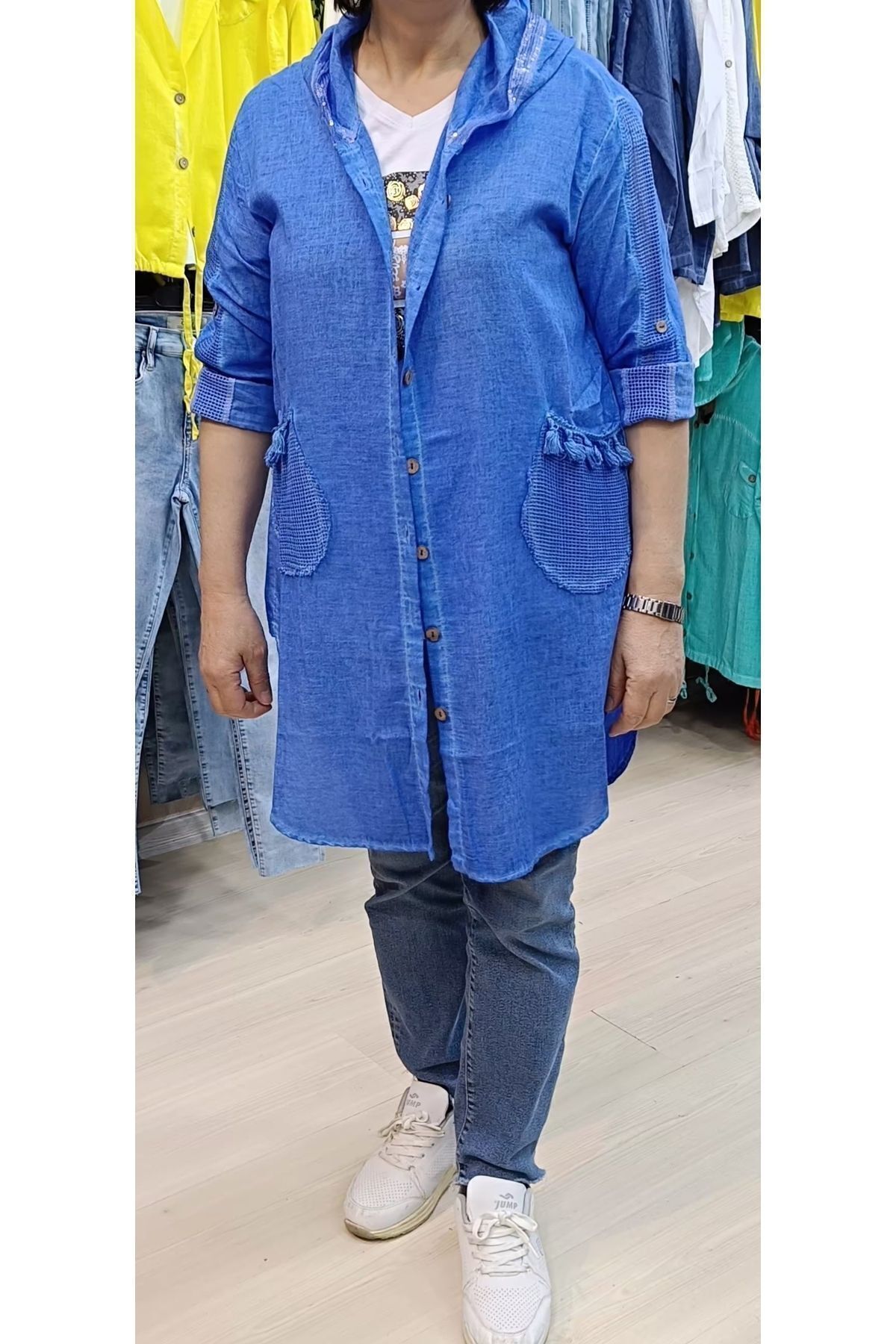 Saks mavisi keten gömlek