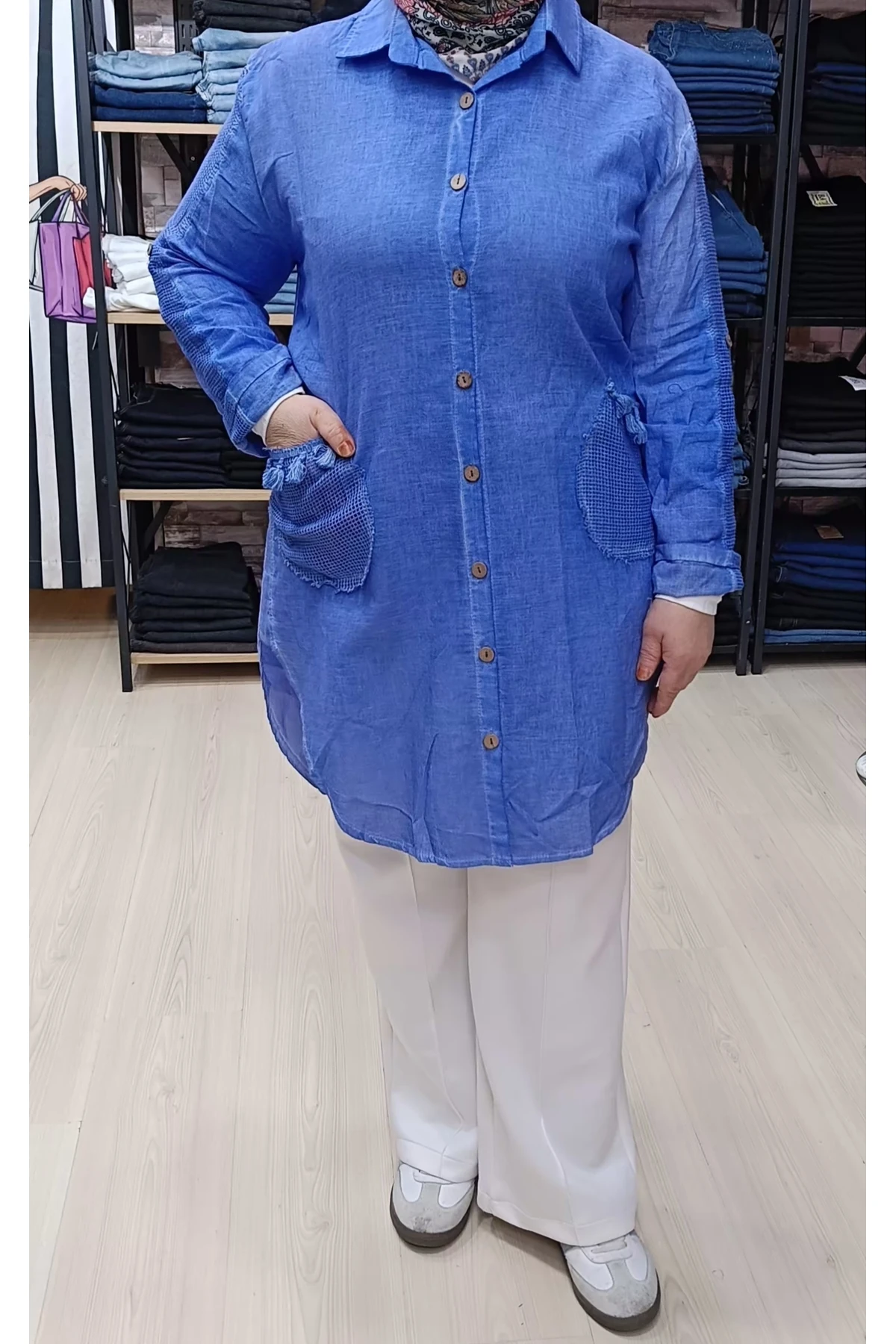 Kapşonsuz pamuk keten gömlek