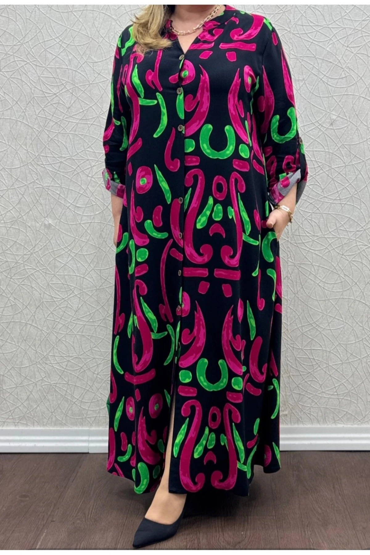 Büyük bedenPamuk viskon düğmeli gömlek elbise