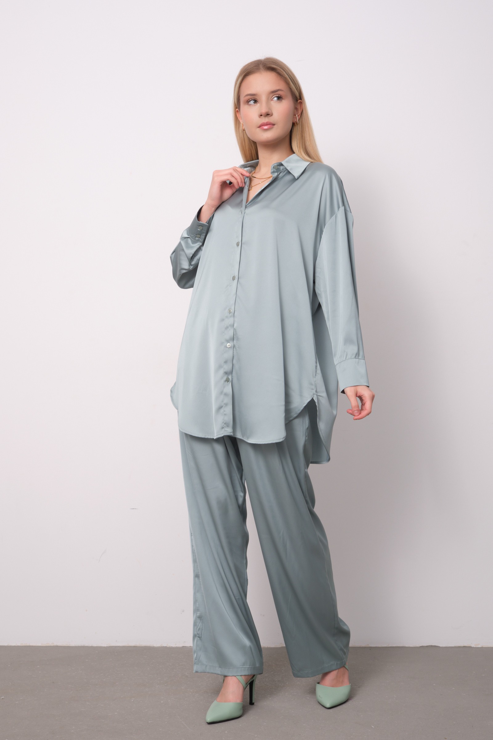 986 Oversize Saten Tunik  - Çağla