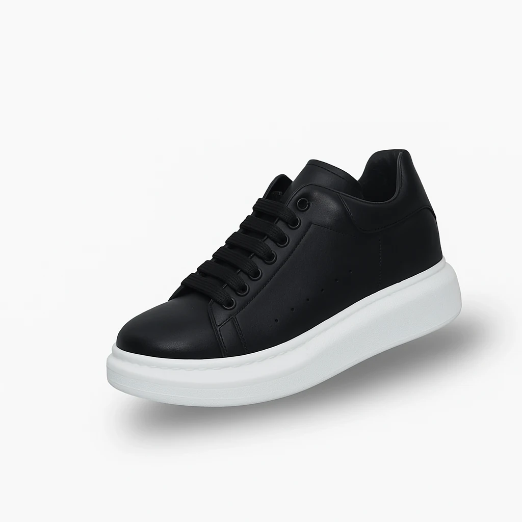 UNISEX SİYAH BEYAZ DERİ SNEAKER +7 CM GİZLİ TABANLI