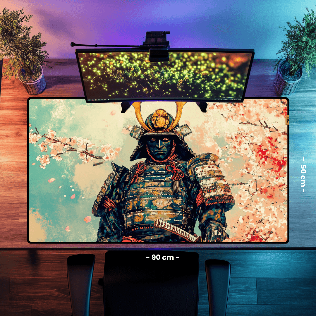 Samurai and Cherry Blossoms - Mouse Pad & Desk Mat