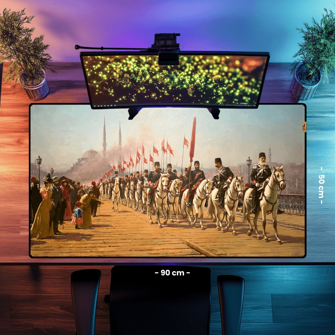 Ertuğrul Süvari Alayı Galata Köprüsü Geçisi (The Ertugrul Cavalry Regiment Crossing The Galata Bridge) - Fausto Zonaro - Mouse Pad & Masa Matı