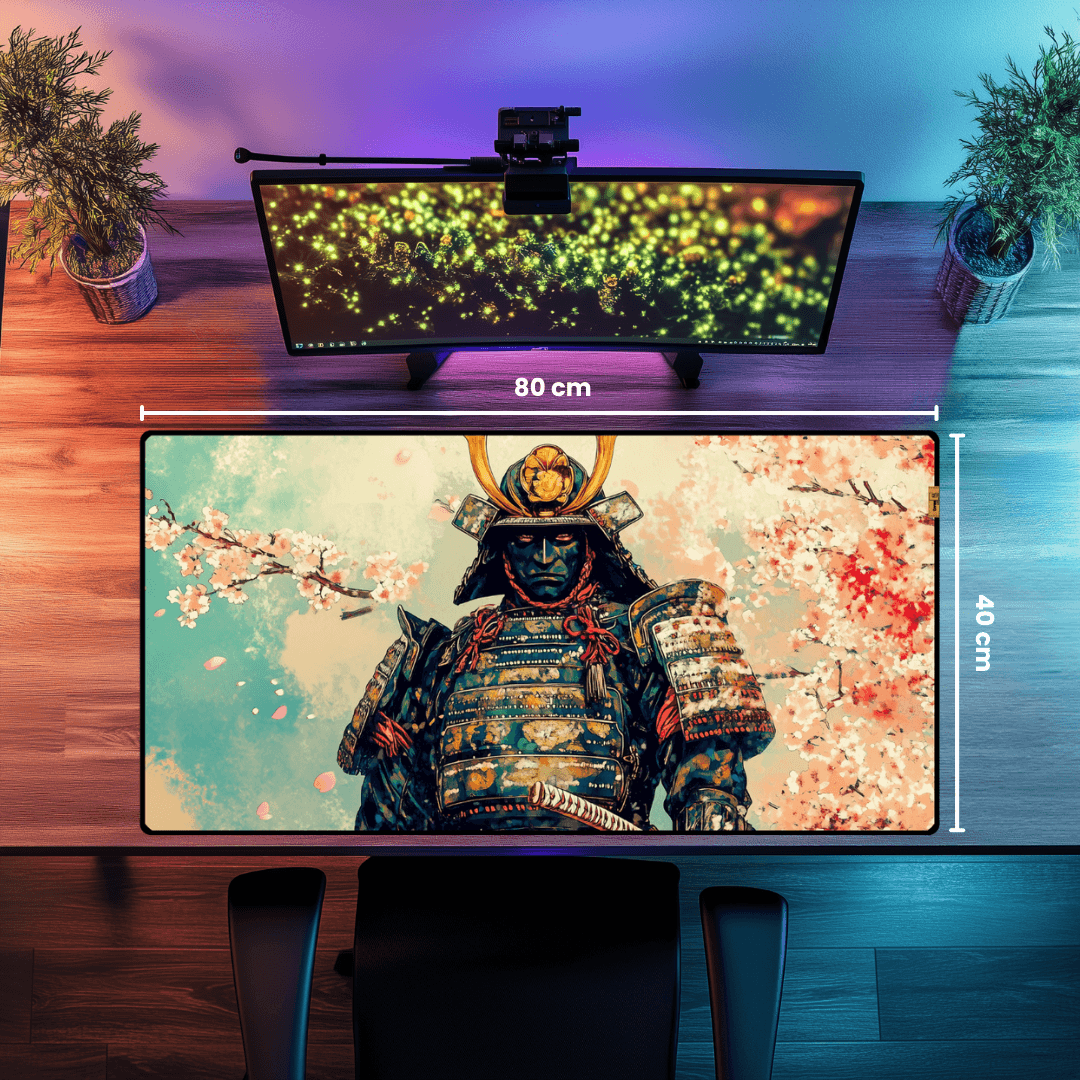 Samurai and Cherry Blossoms - Mouse Pad & Desk Mat