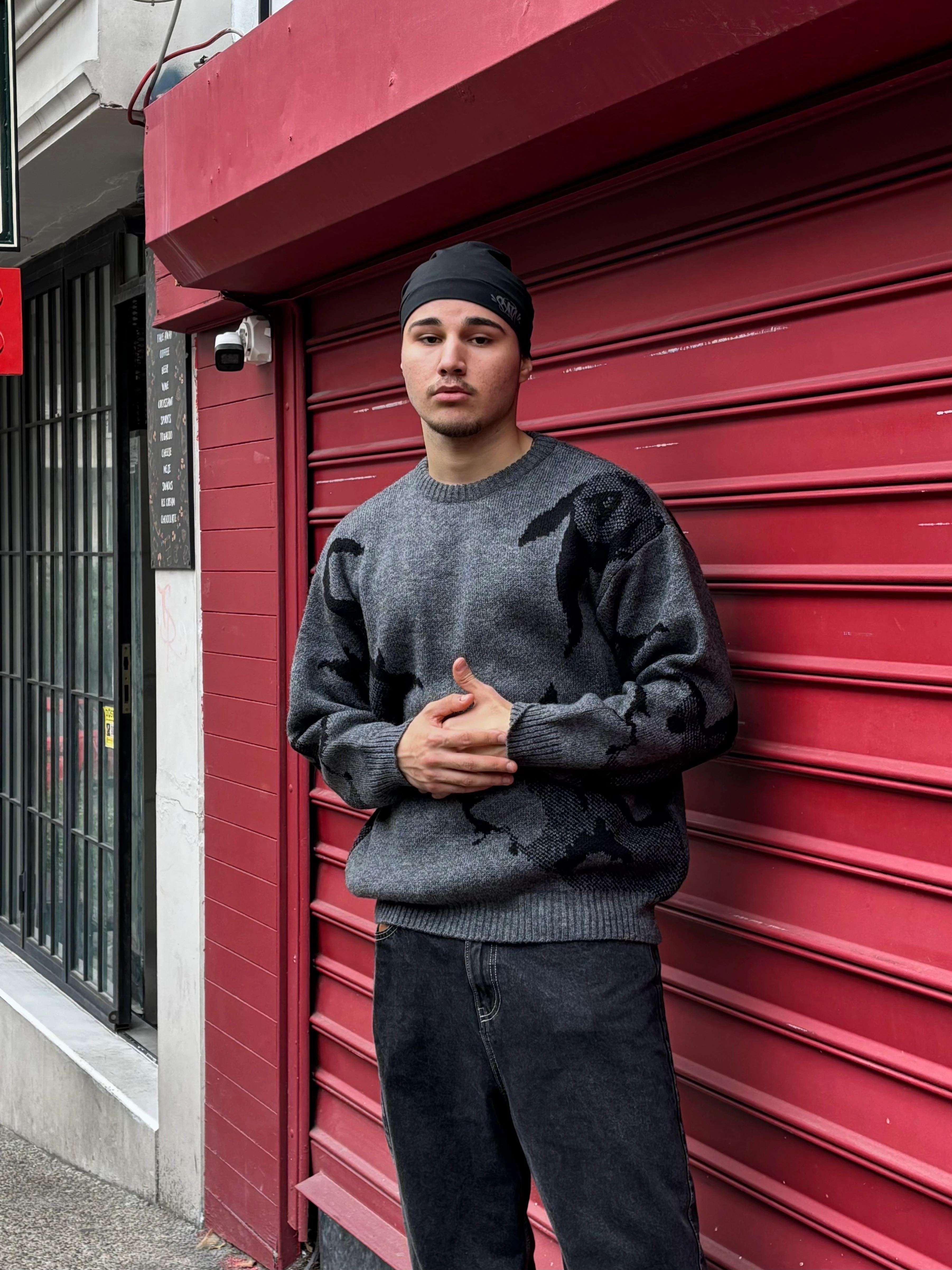 Oversized Wolf Desenli Triko Kazak – Antrasit