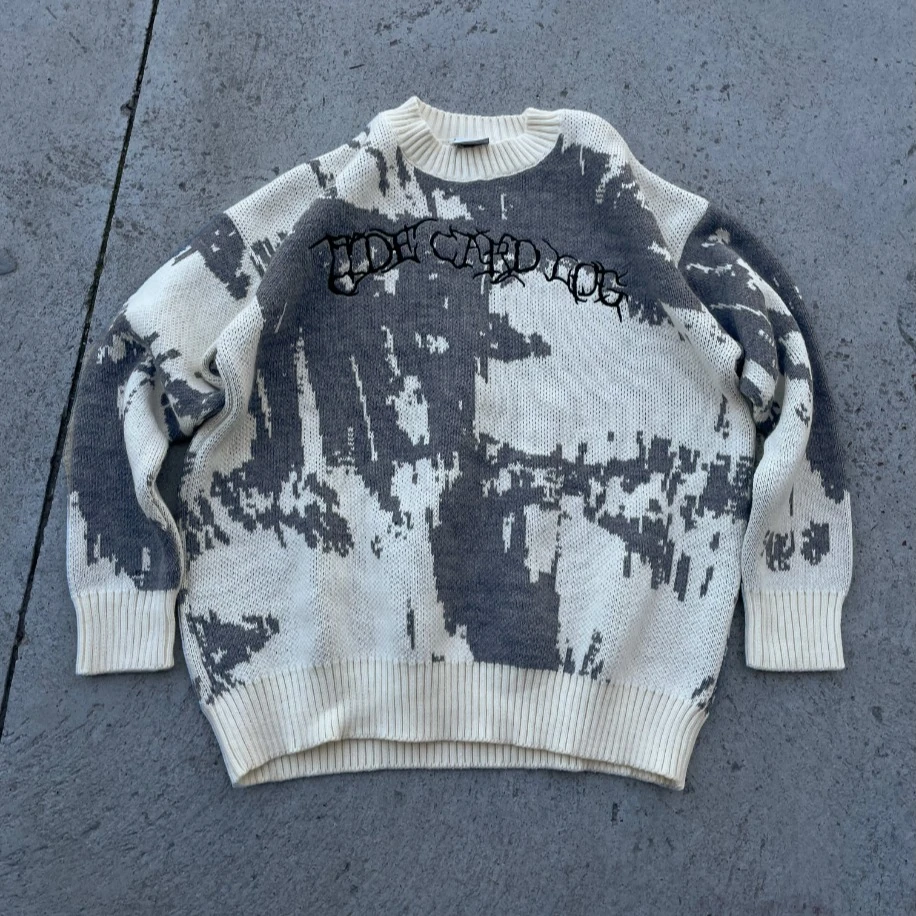 Oversized Nakışlı Desenli Triko Kazak – Bej / Gri image