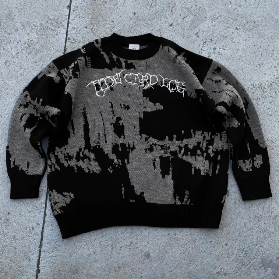 Oversized Nakışlı Desenli Triko Kazak – Siyah / Gri image