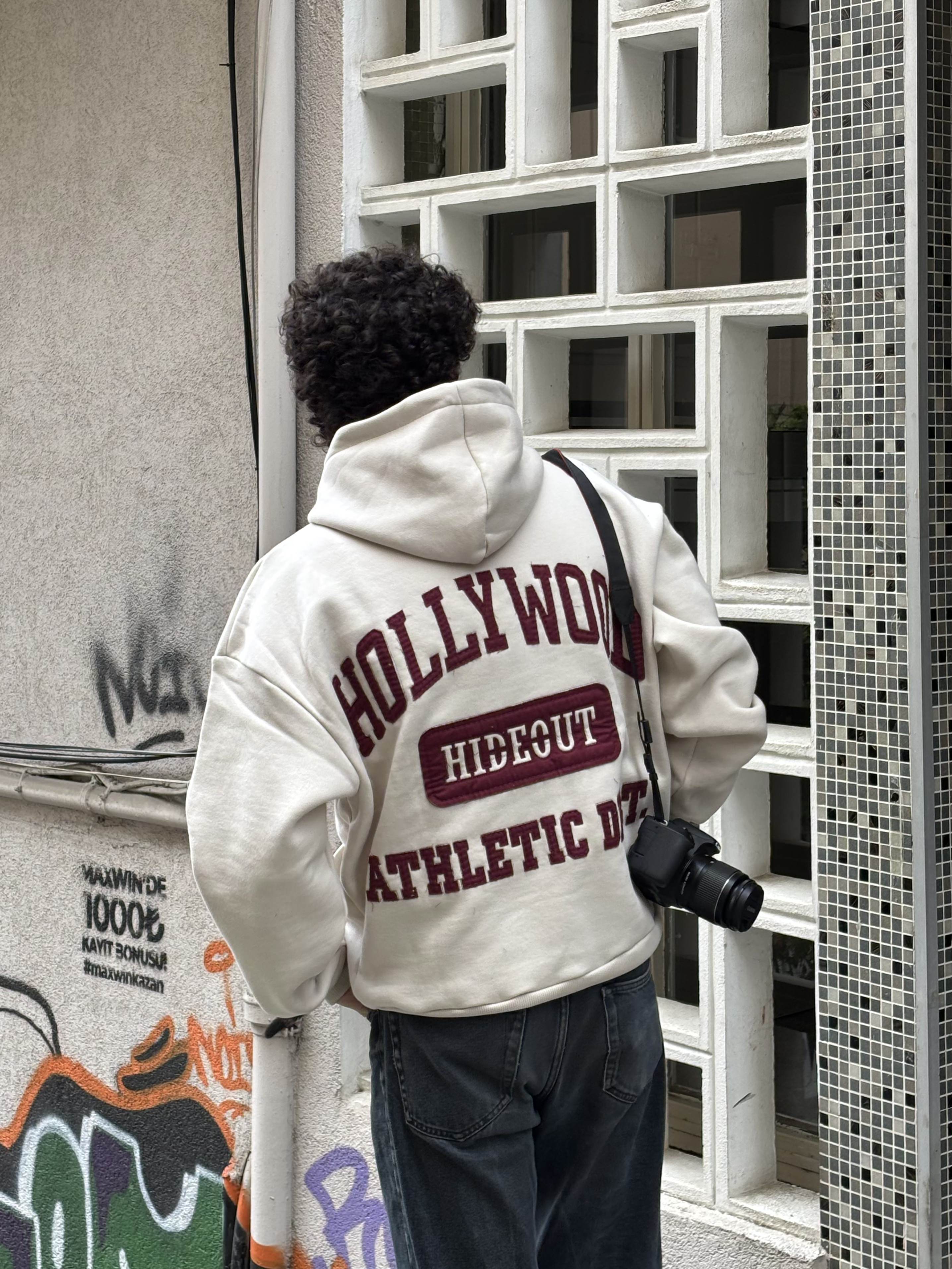 Oversized Hollywood Patch Hoodie - Bej
