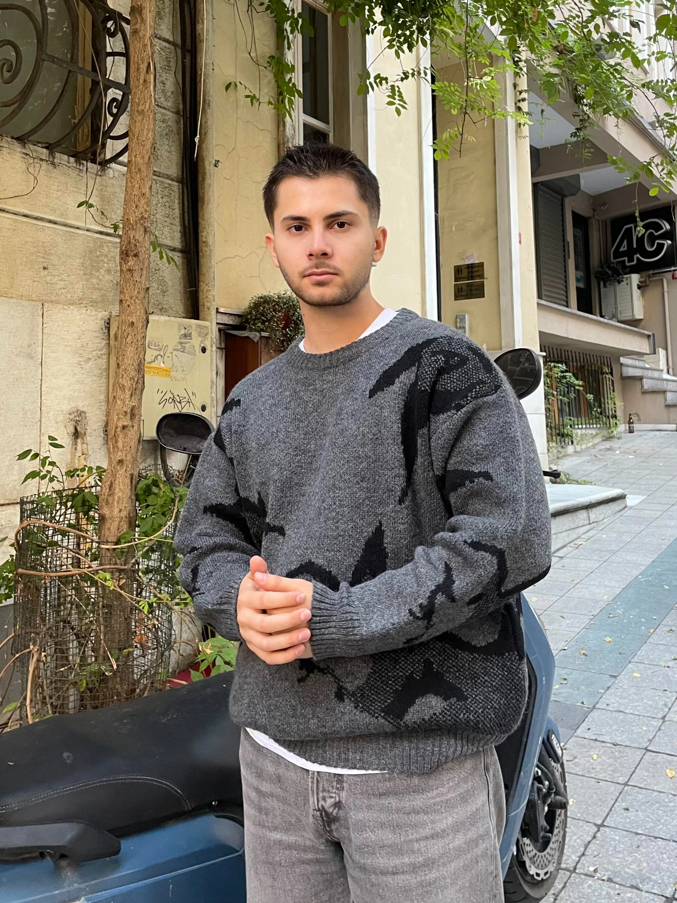 Oversized Wolf Desenli Triko Kazak – Antrasit